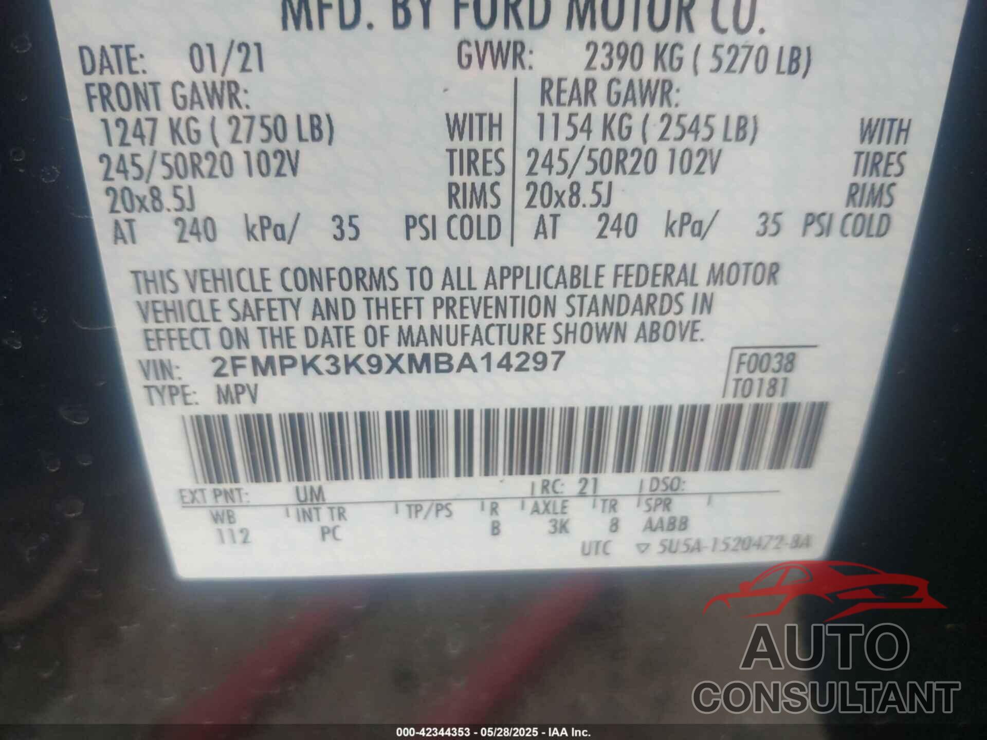 FORD EDGE 2021 - 2FMPK3K9XMBA14297