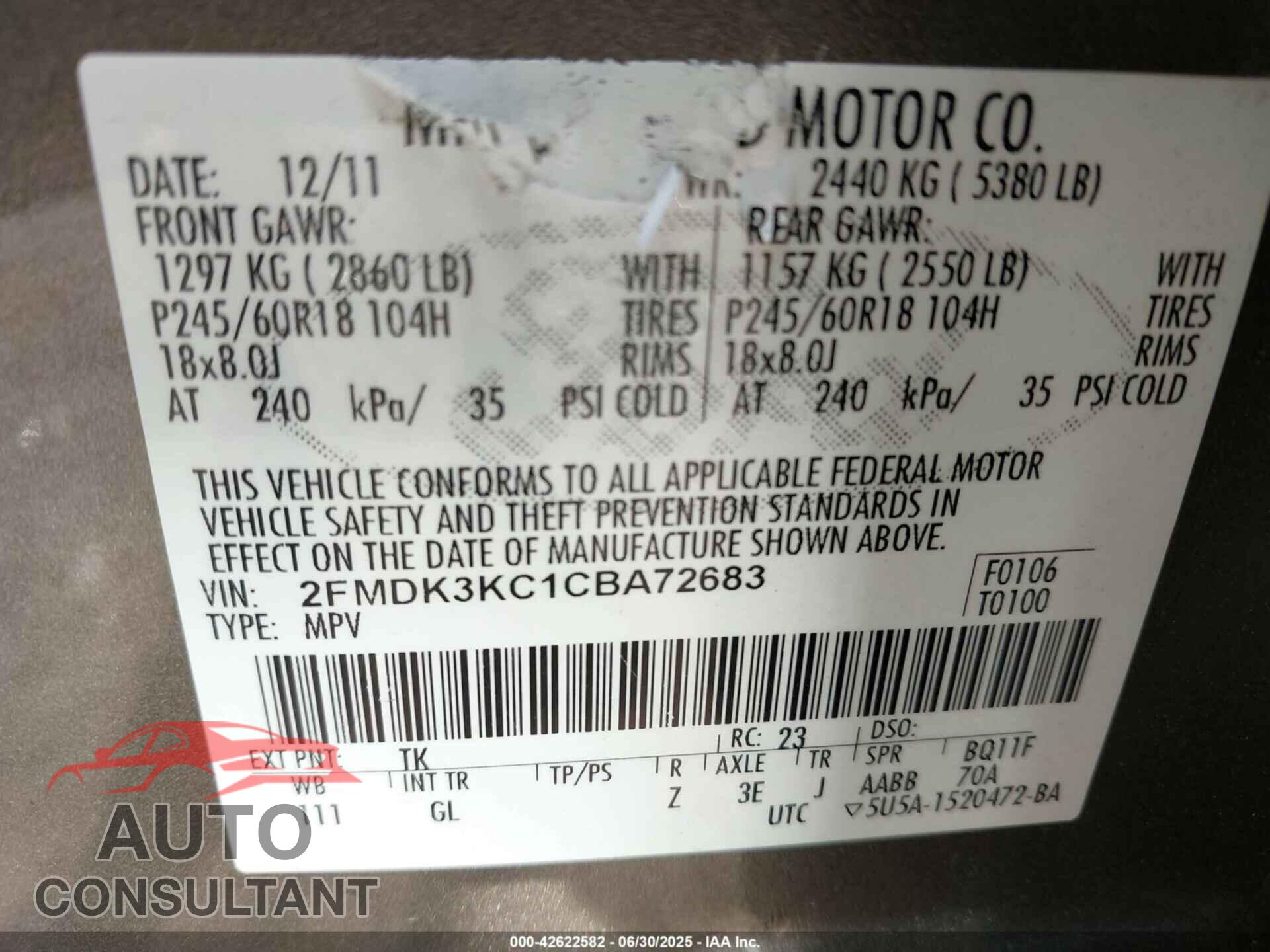 FORD EDGE 2012 - 2FMDK3KC1CBA72683