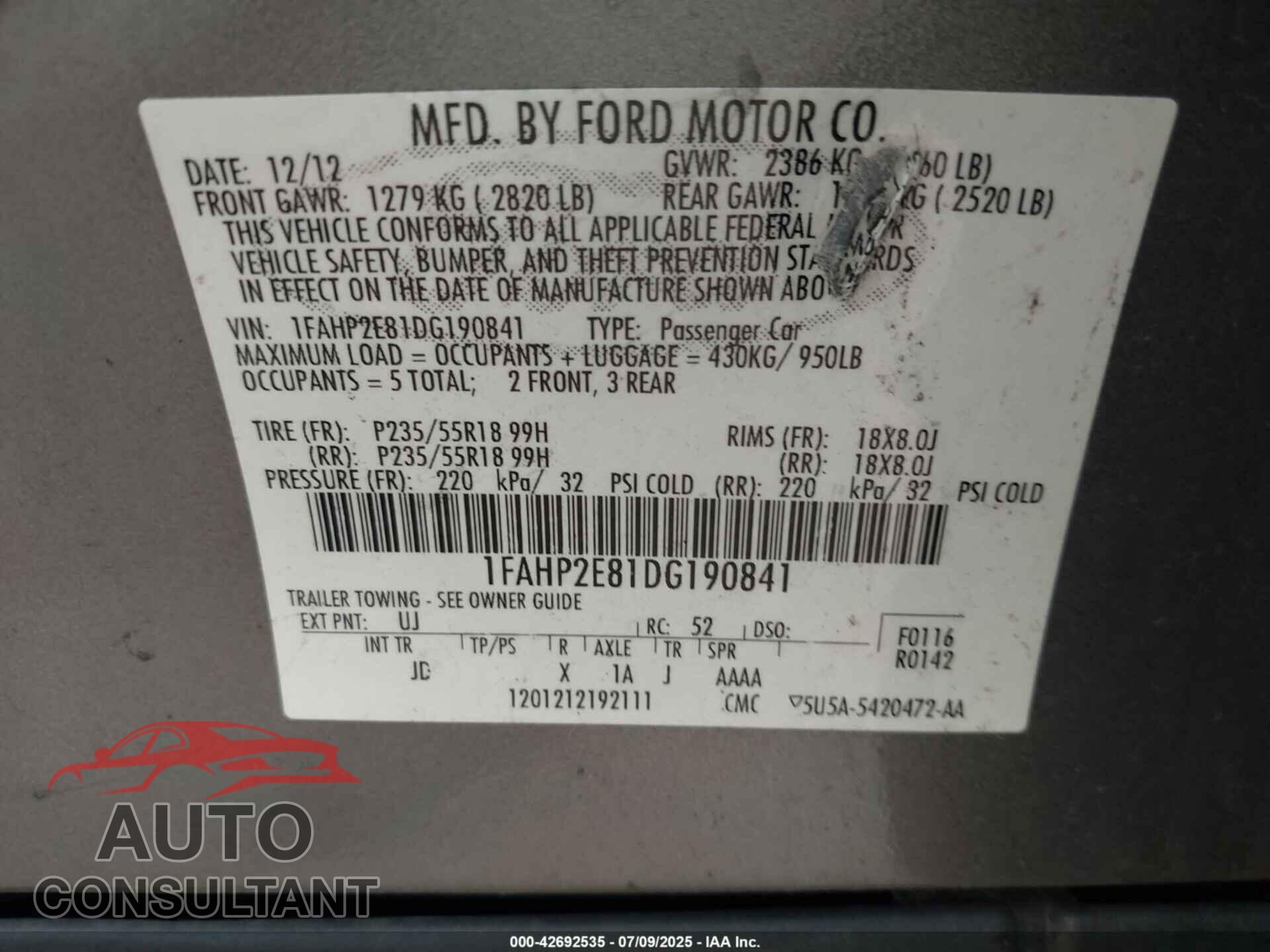 FORD TAURUS 2013 - 1FAHP2E81DG190841