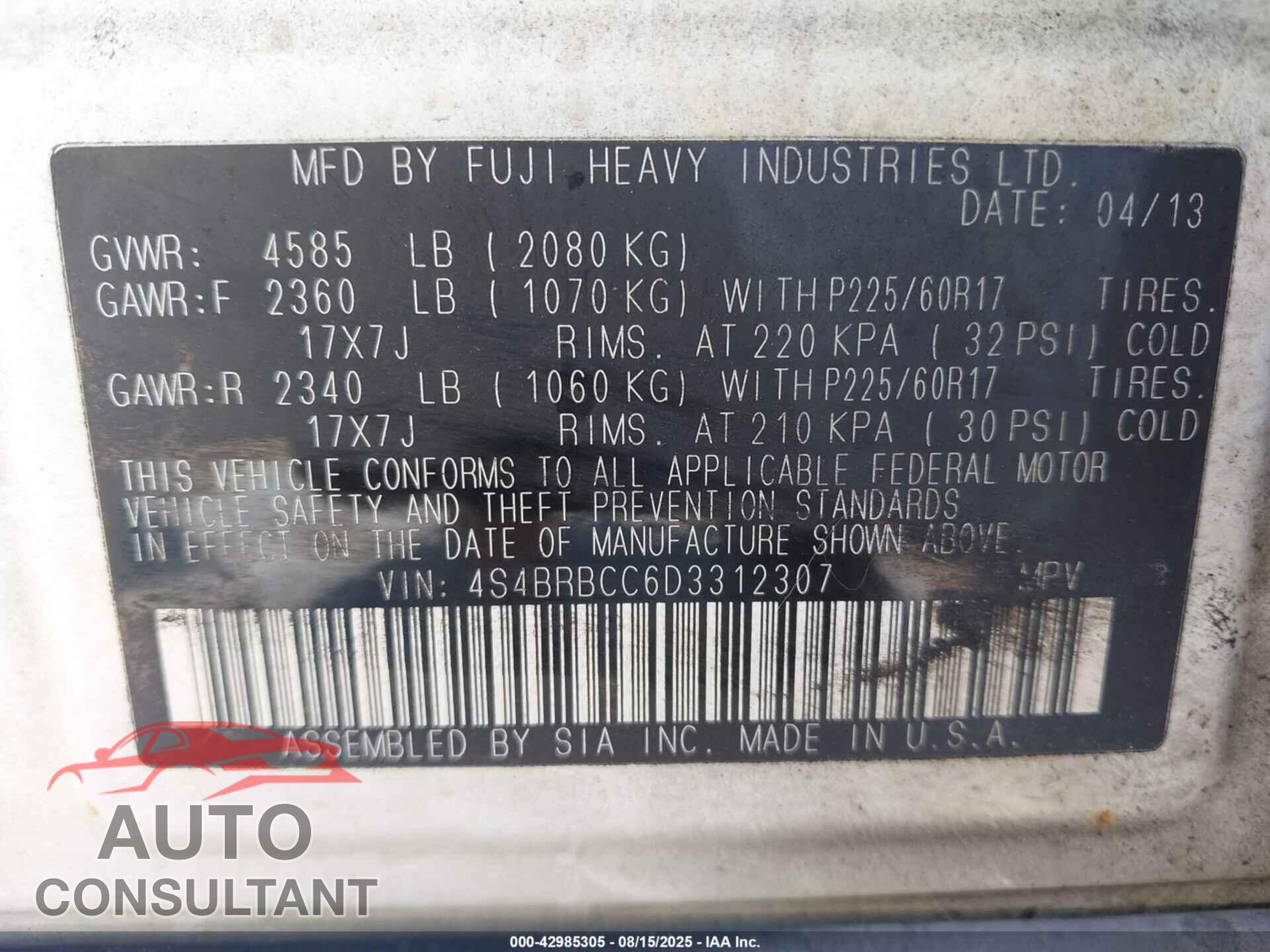 SUBARU OUTBACK 2013 - 4S4BRBCC6D3312307