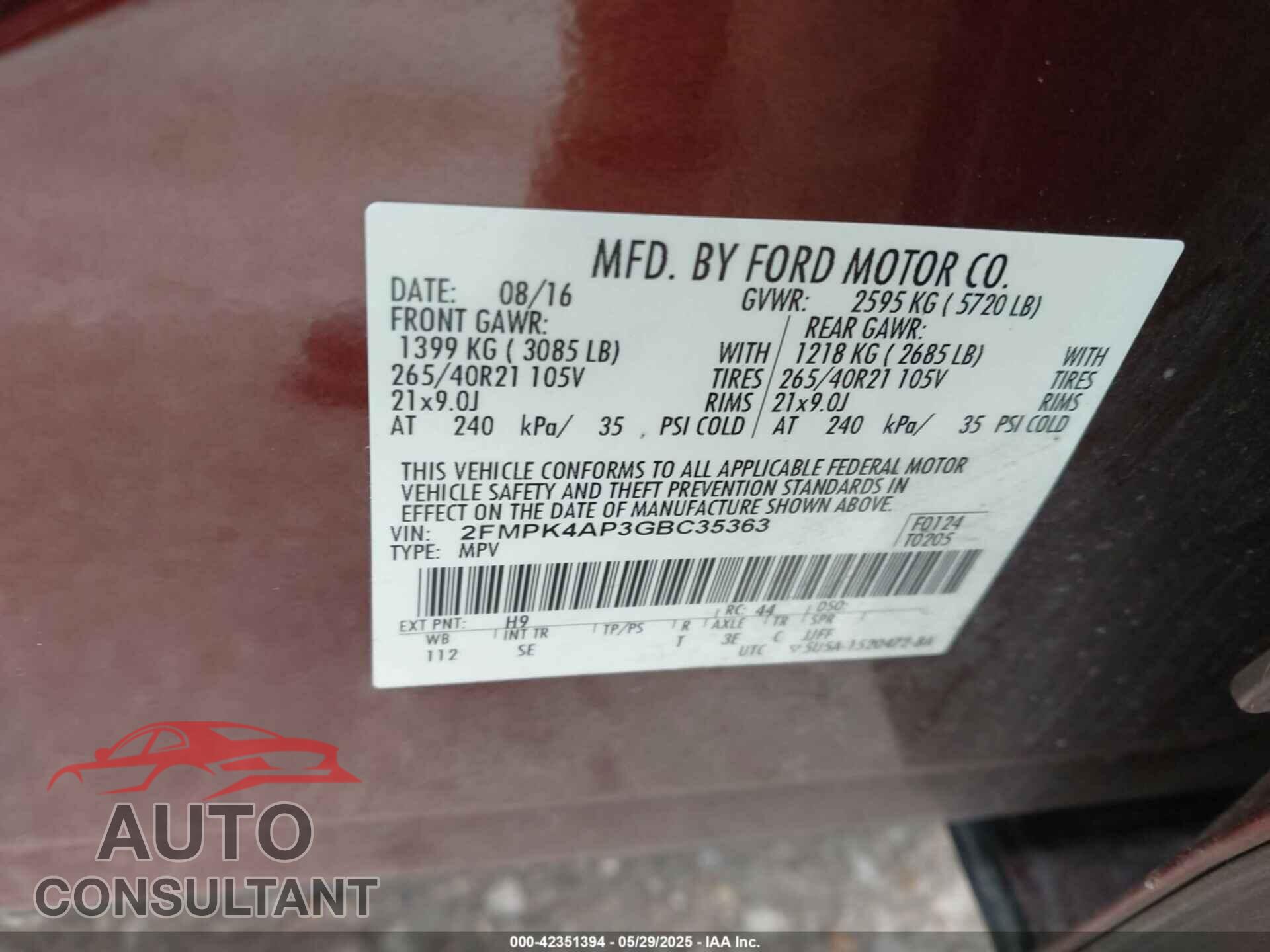FORD EDGE 2016 - 2FMPK4AP3GBC35363