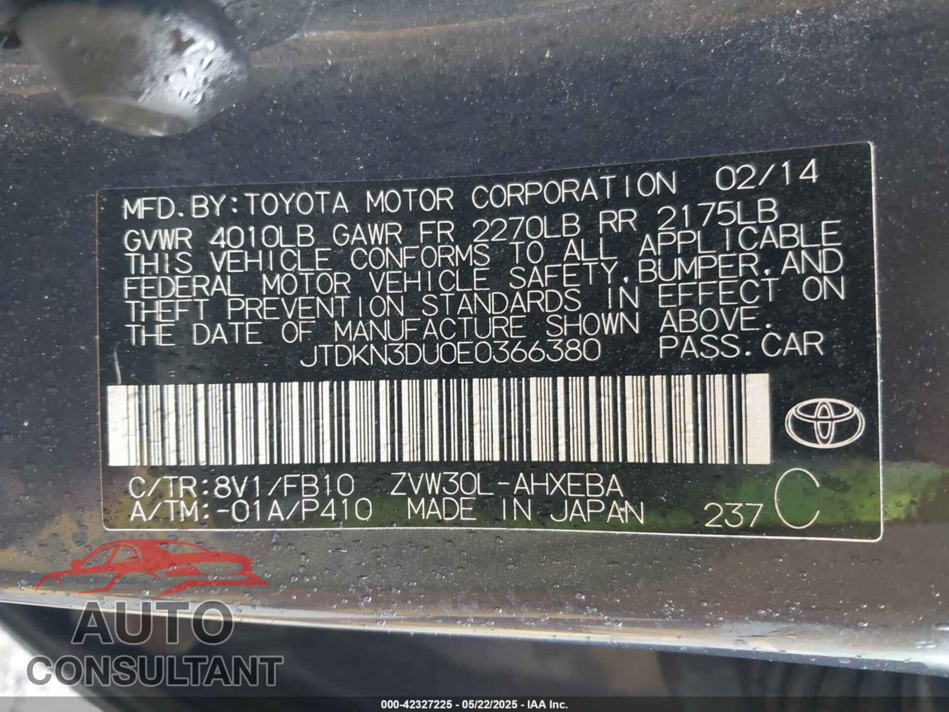 TOYOTA PRIUS 2014 - JTDKN3DU0E0366380