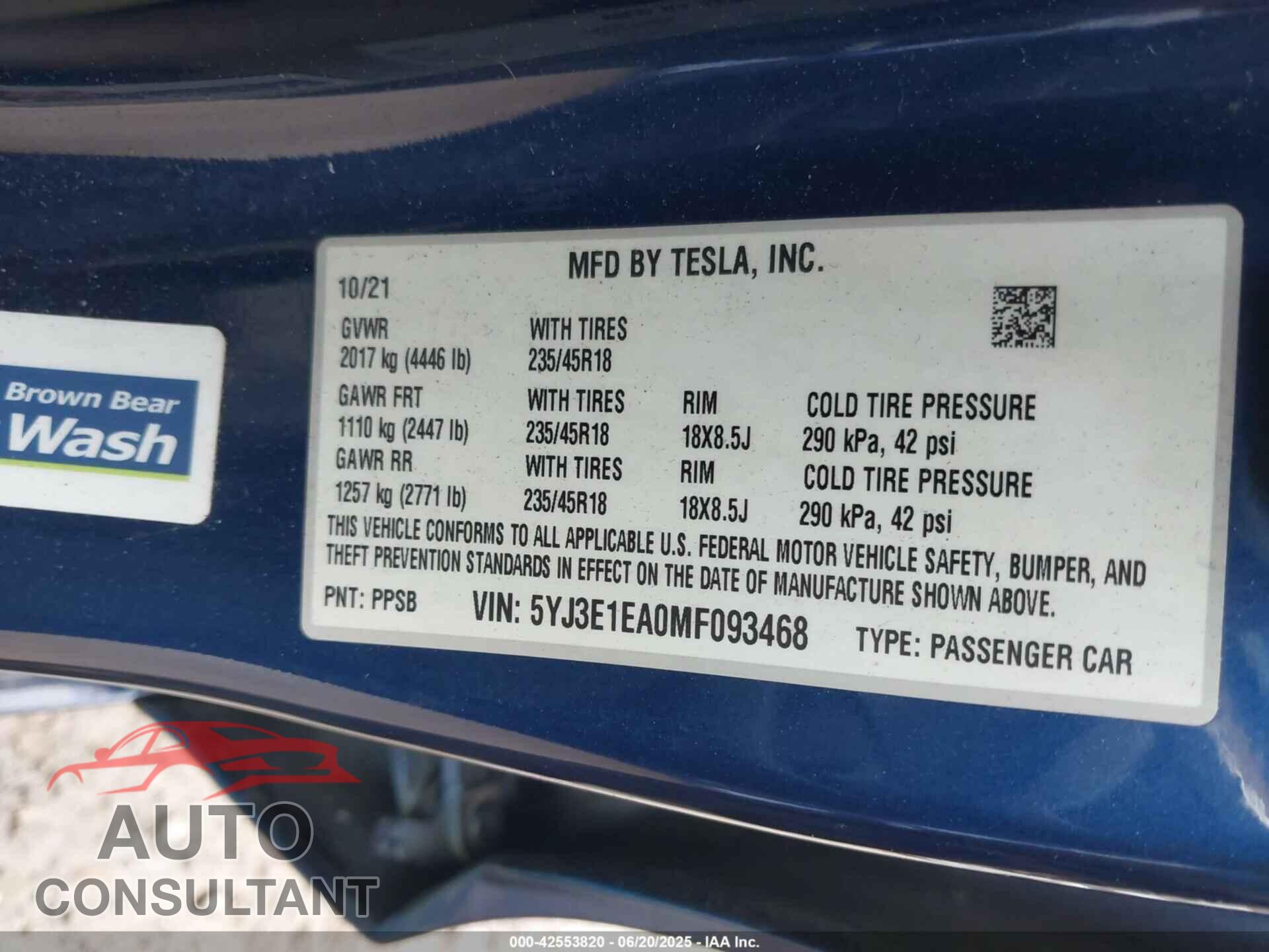 TESLA MODEL 3 2021 - 5YJ3E1EA0MF093468
