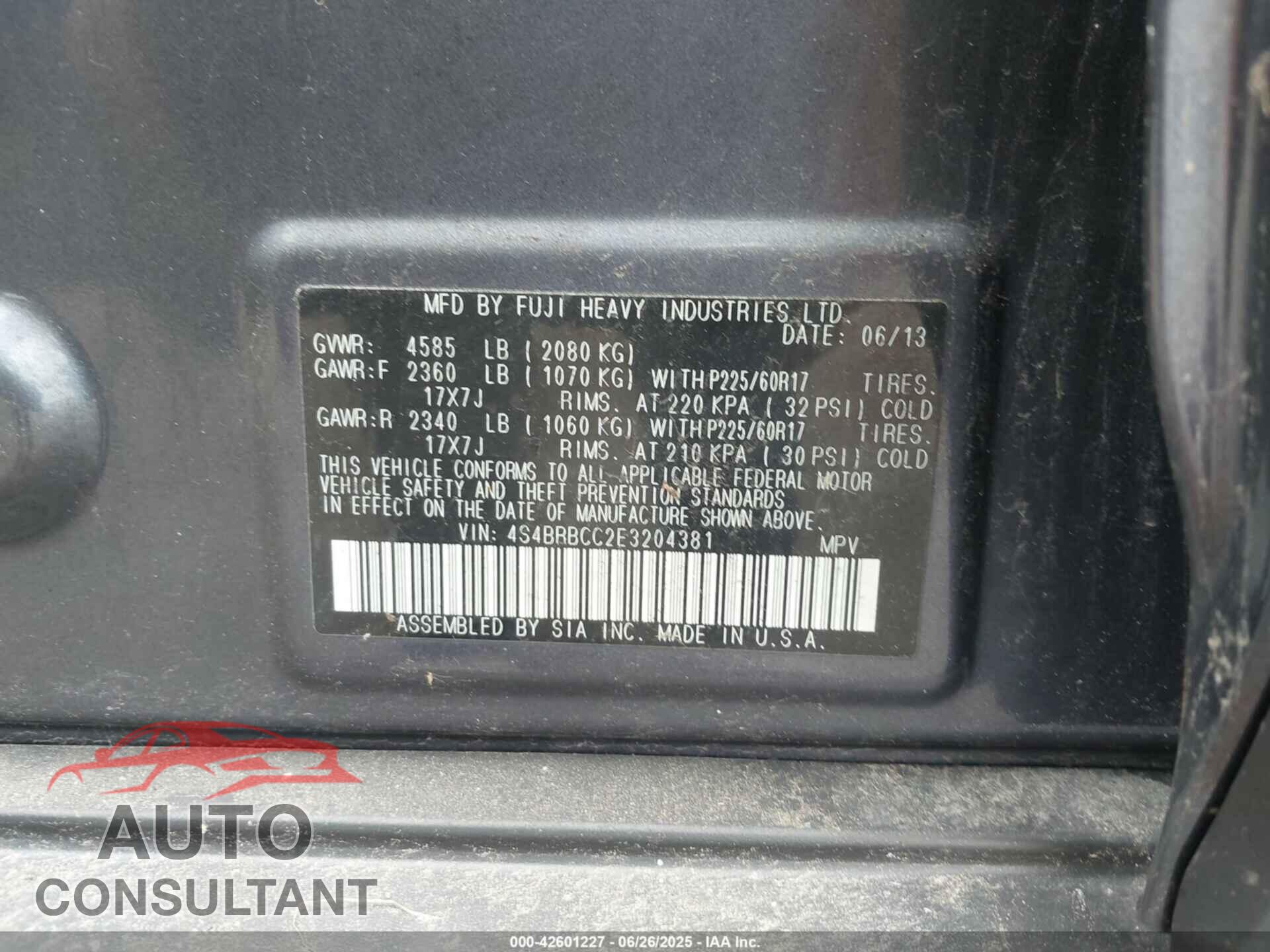 SUBARU OUTBACK 2014 - 4S4BRBCC2E3204381