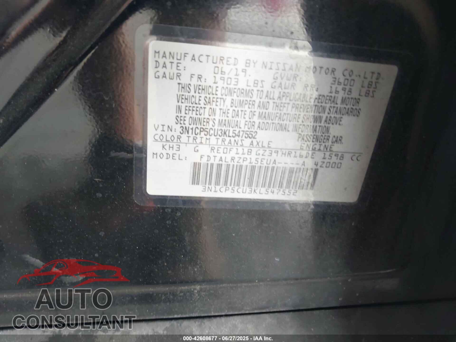 NISSAN KICKS 2019 - 3N1CP5CU3KL547552