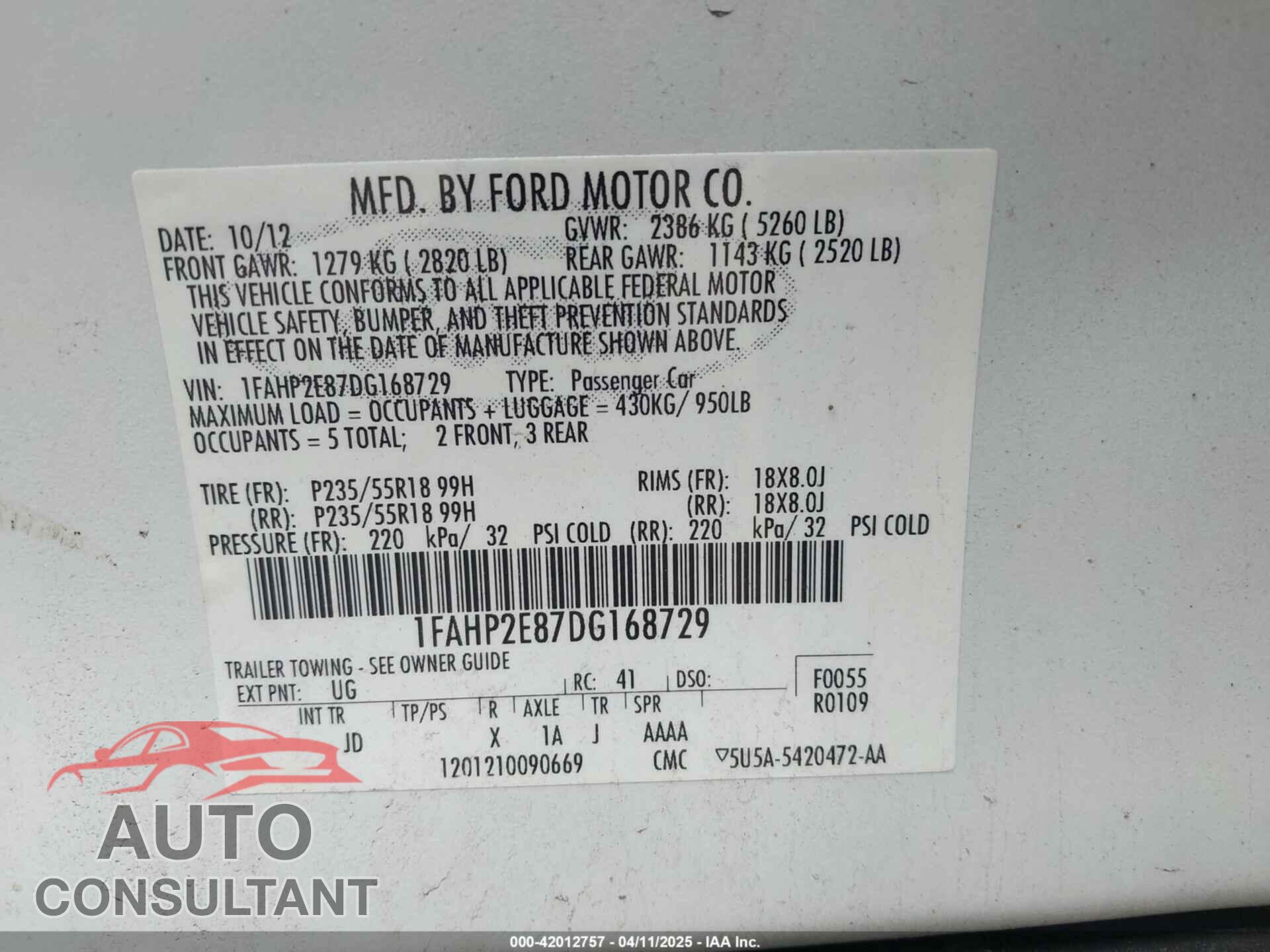 FORD TAURUS 2013 - 1FAHP2E87DG168729