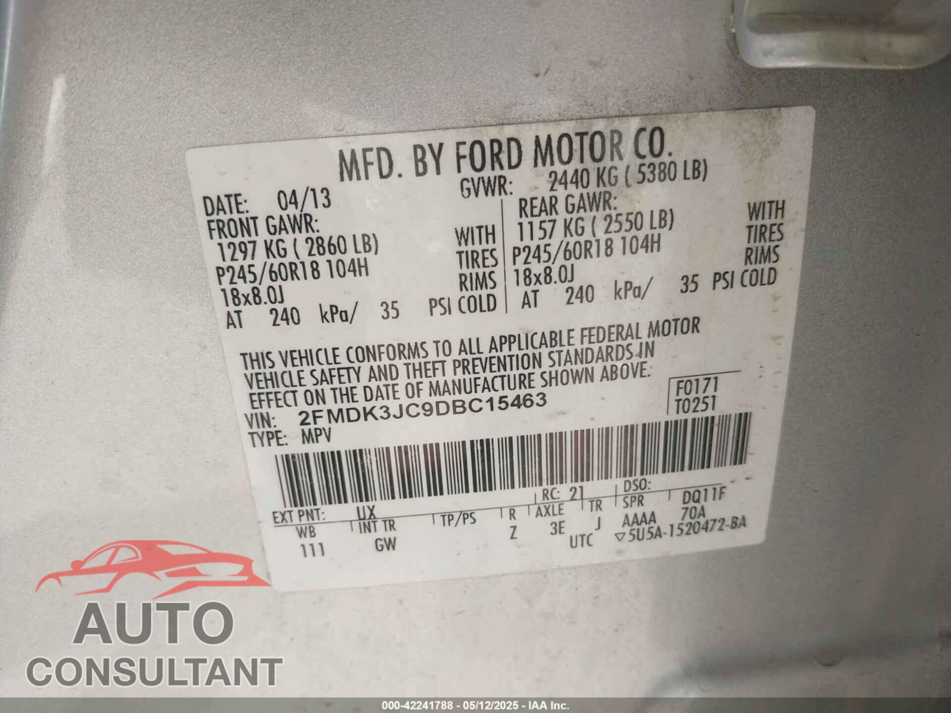 FORD EDGE 2013 - 2FMDK3JC9DBC15463
