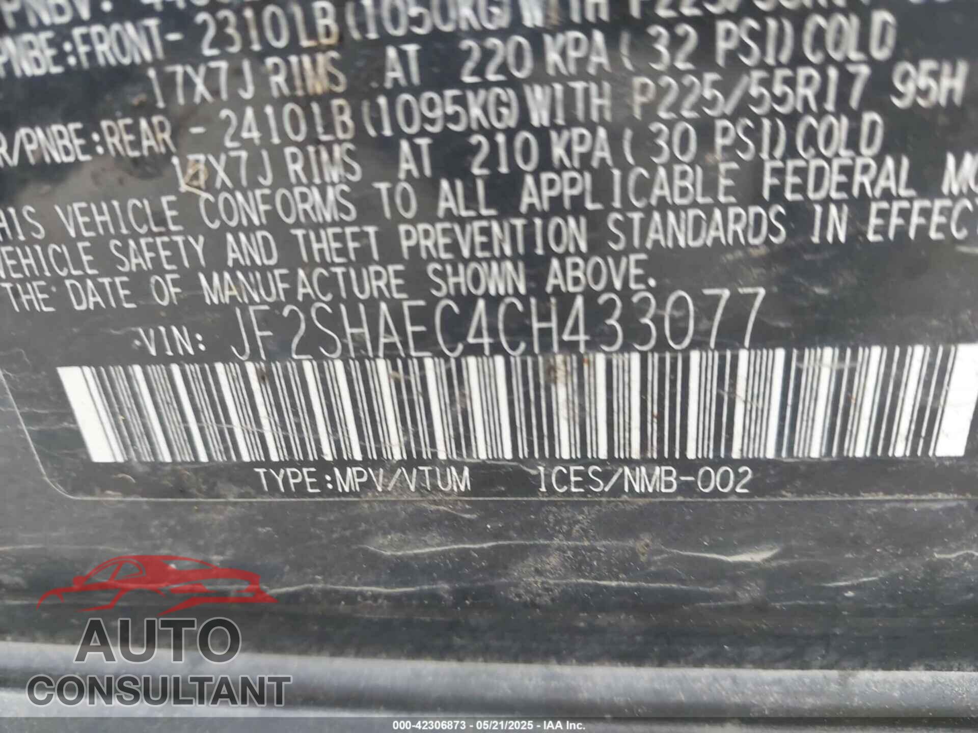 SUBARU FORESTER 2012 - JF2SHAEC4CH433077