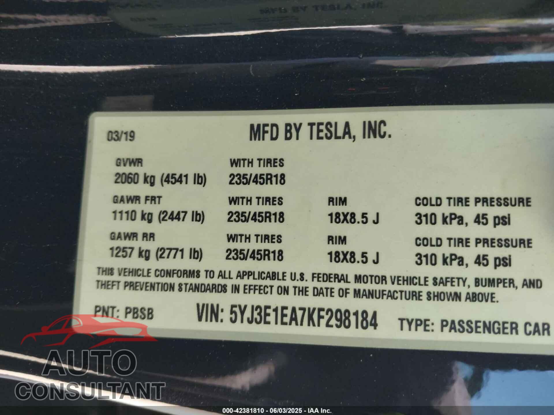 TESLA MODEL 3 2019 - 5YJ3E1EA7KF298184