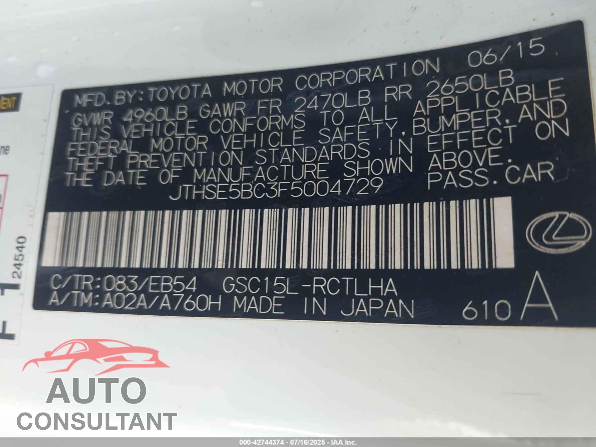LEXUS RC 2015 - JTHSE5BC3F5004729