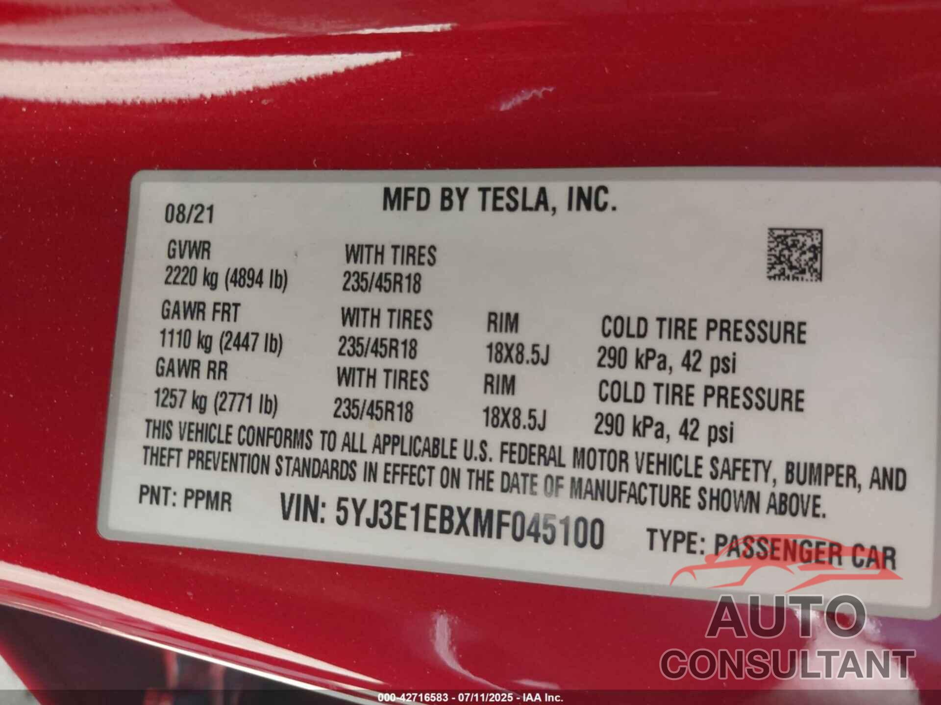 TESLA MODEL 3 2021 - 5YJ3E1EBXMF045100