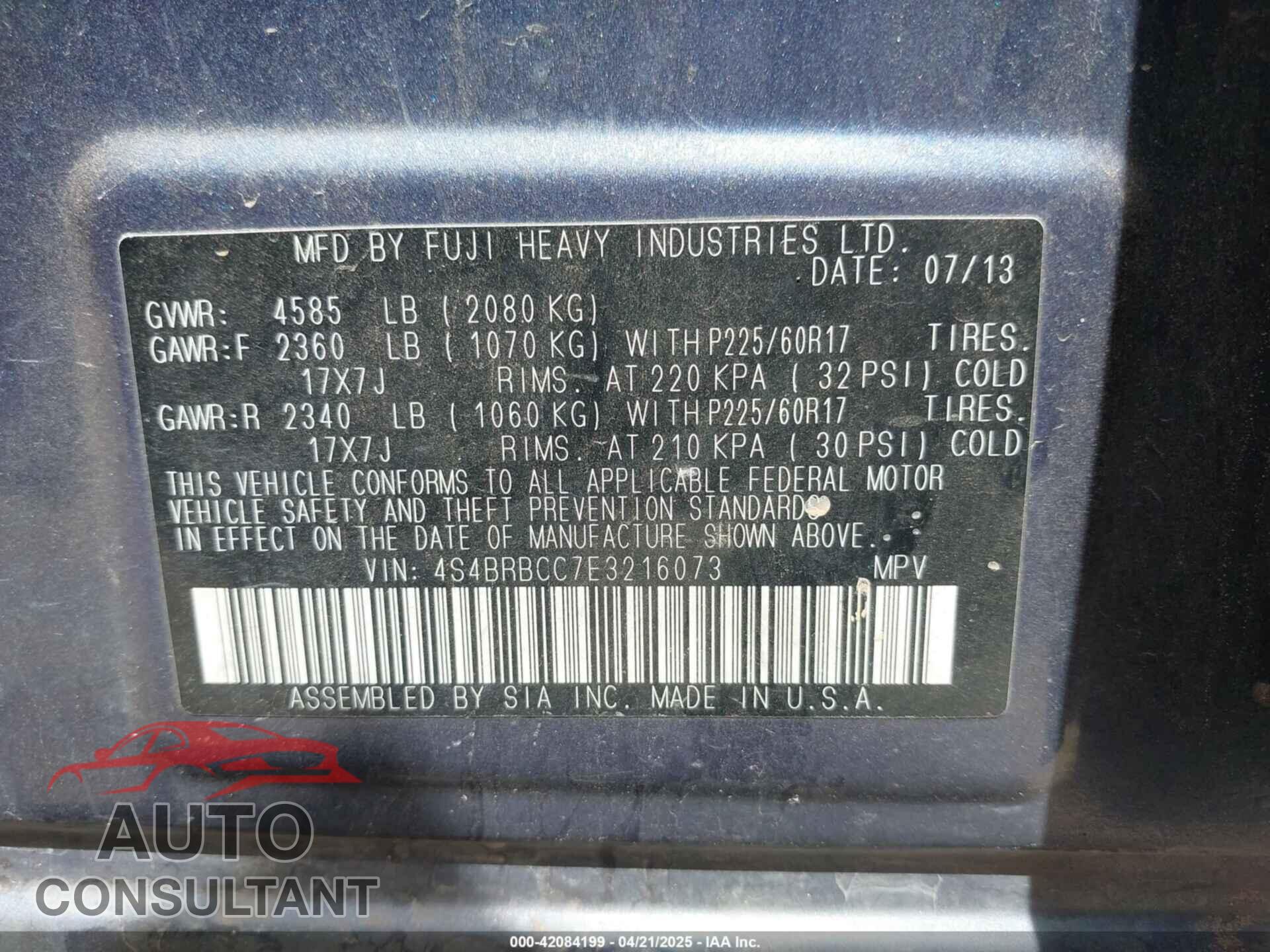 SUBARU OUTBACK 2014 - 4S4BRBCC7E3216073