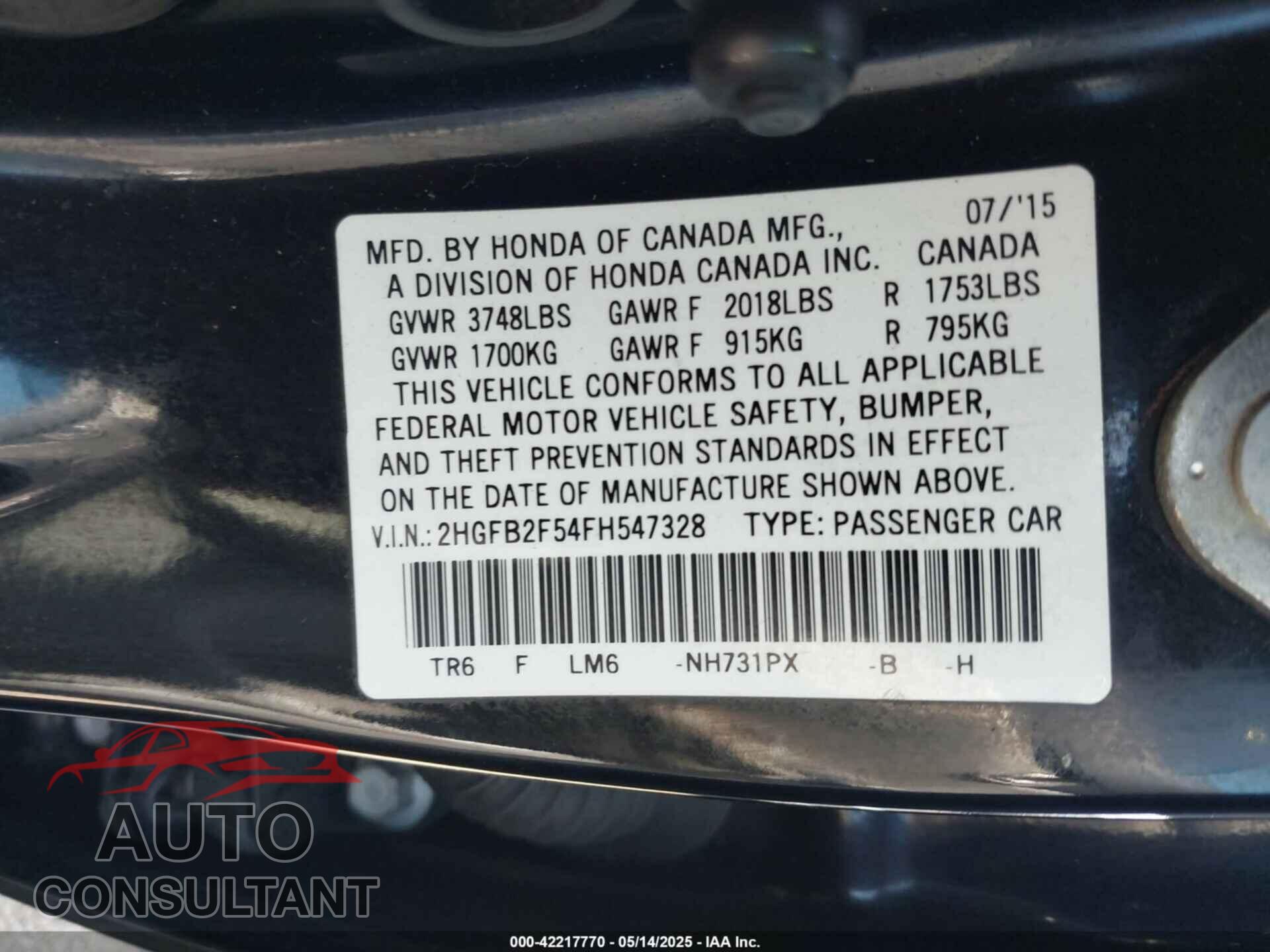 HONDA CIVIC 2015 - 2HGFB2F54FH547328