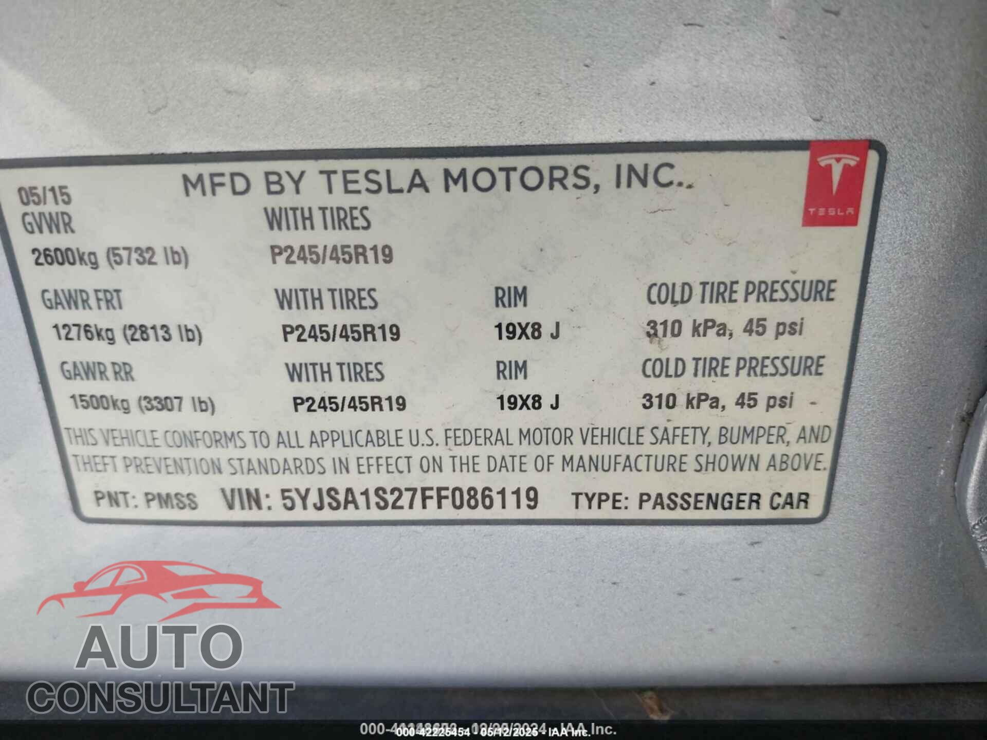 TESLA MODEL S 2015 - 5YJSA1S27FF086119