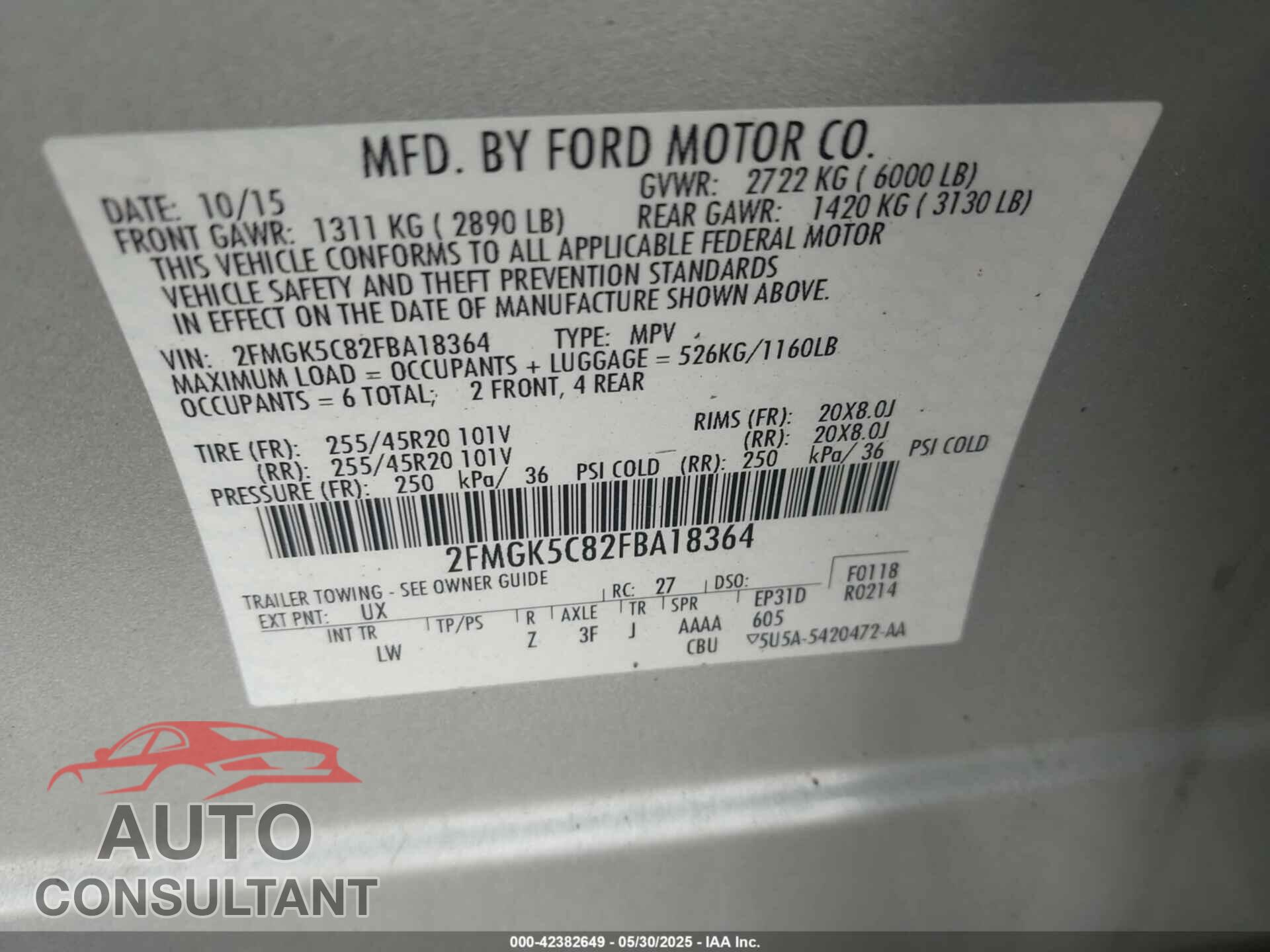 FORD FLEX 2015 - 2FMGK5C82FBA18364