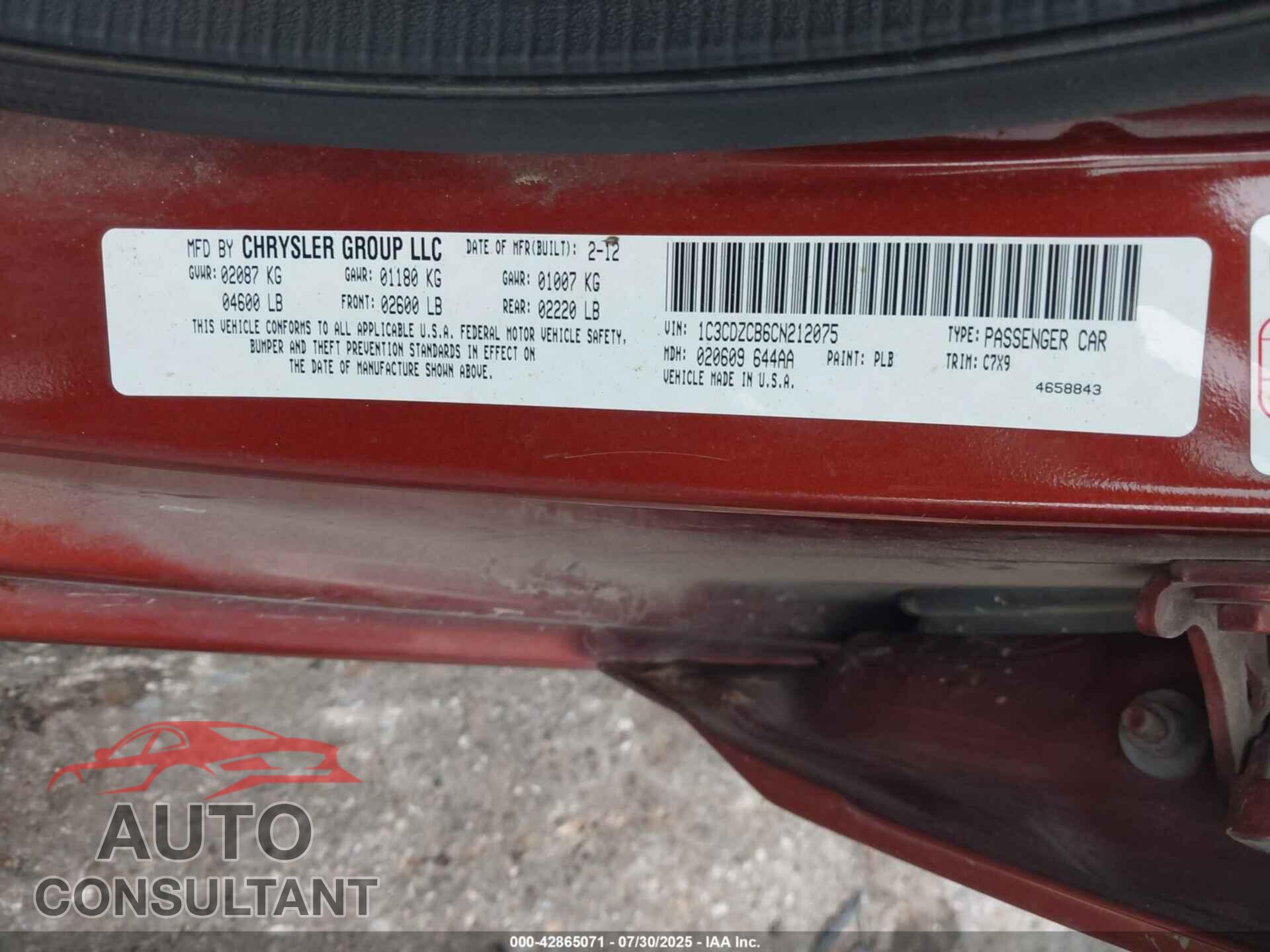 DODGE AVENGER 2012 - 1C3CDZCB6CN212075