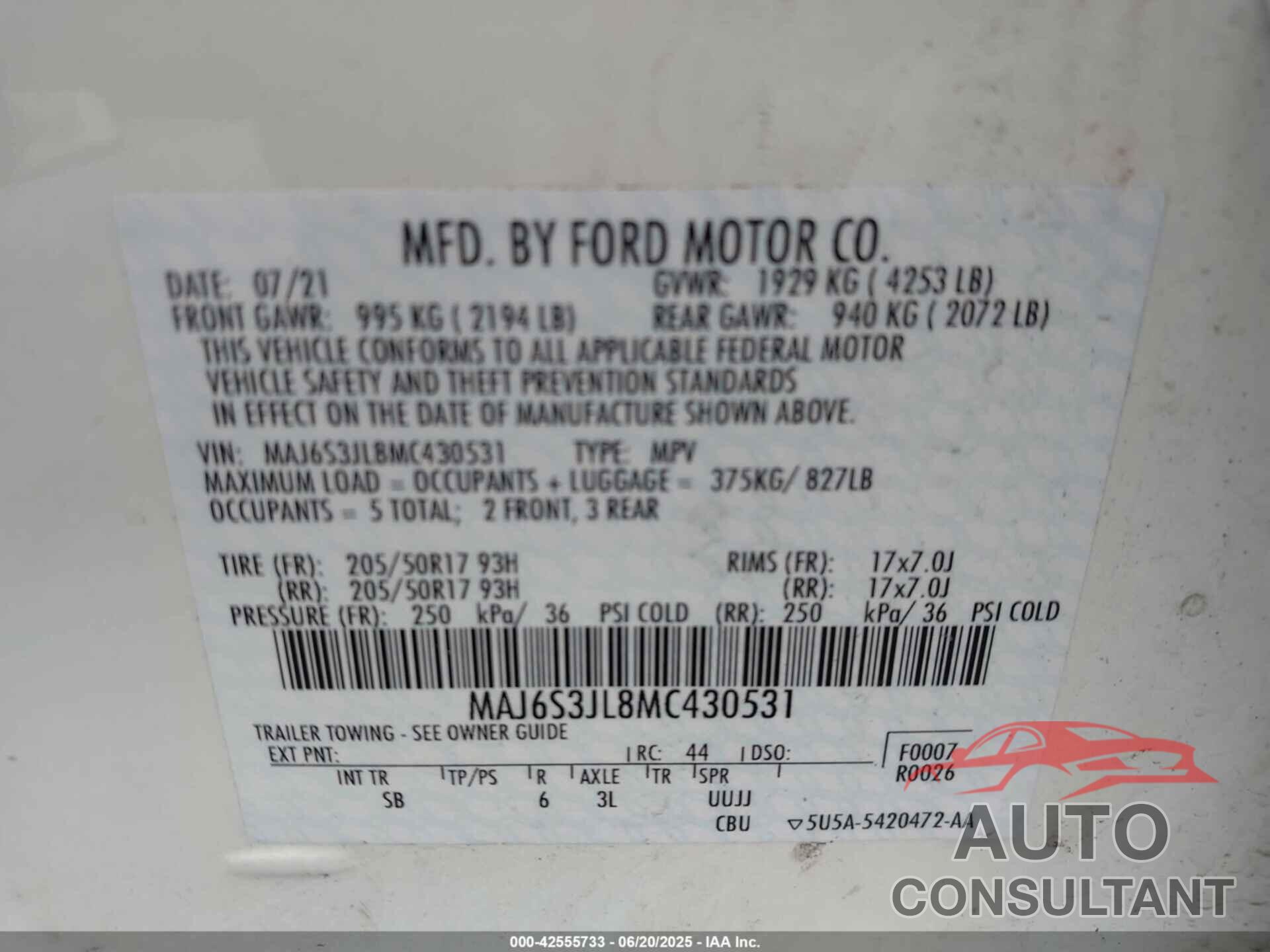 FORD ECOSPORT 2021 - MAJ6S3JL8MC430531