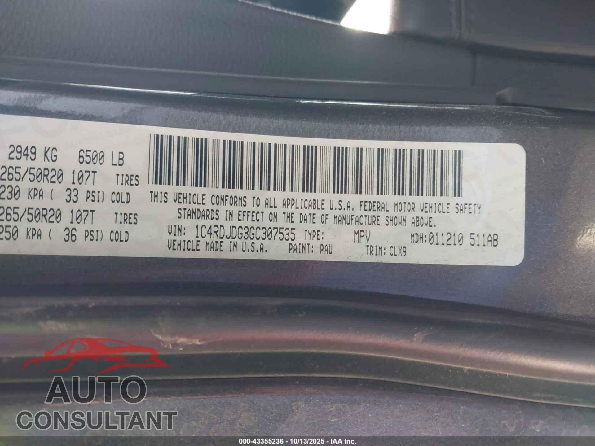 DODGE DURANGO 2016 - 1C4RDJDG3GC307535