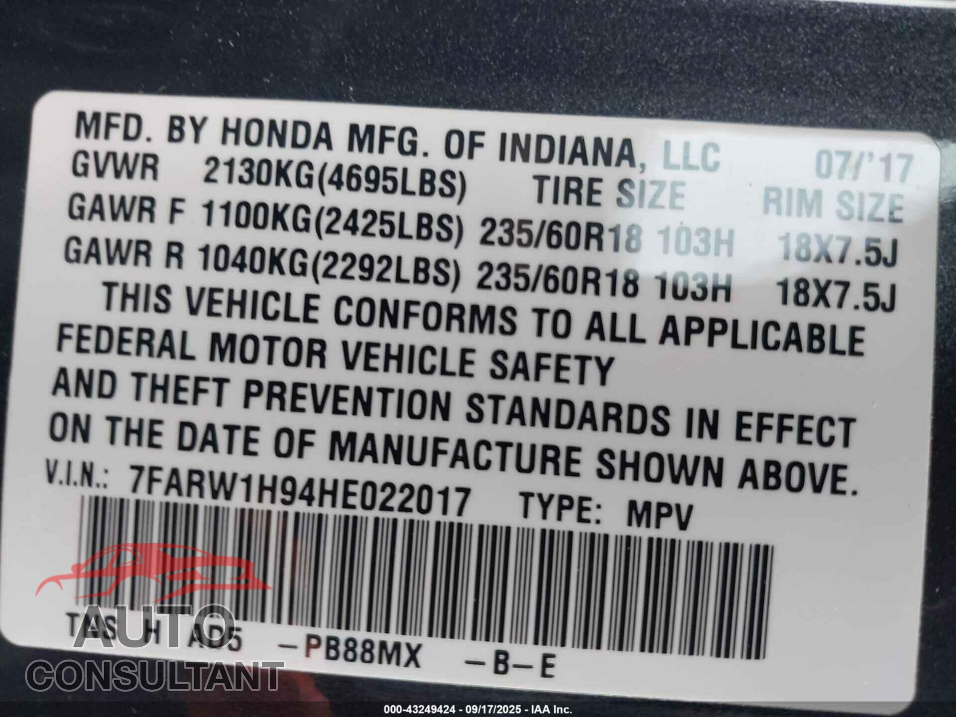 HONDA CR-V 2017 - 7FARW1H94HE022017