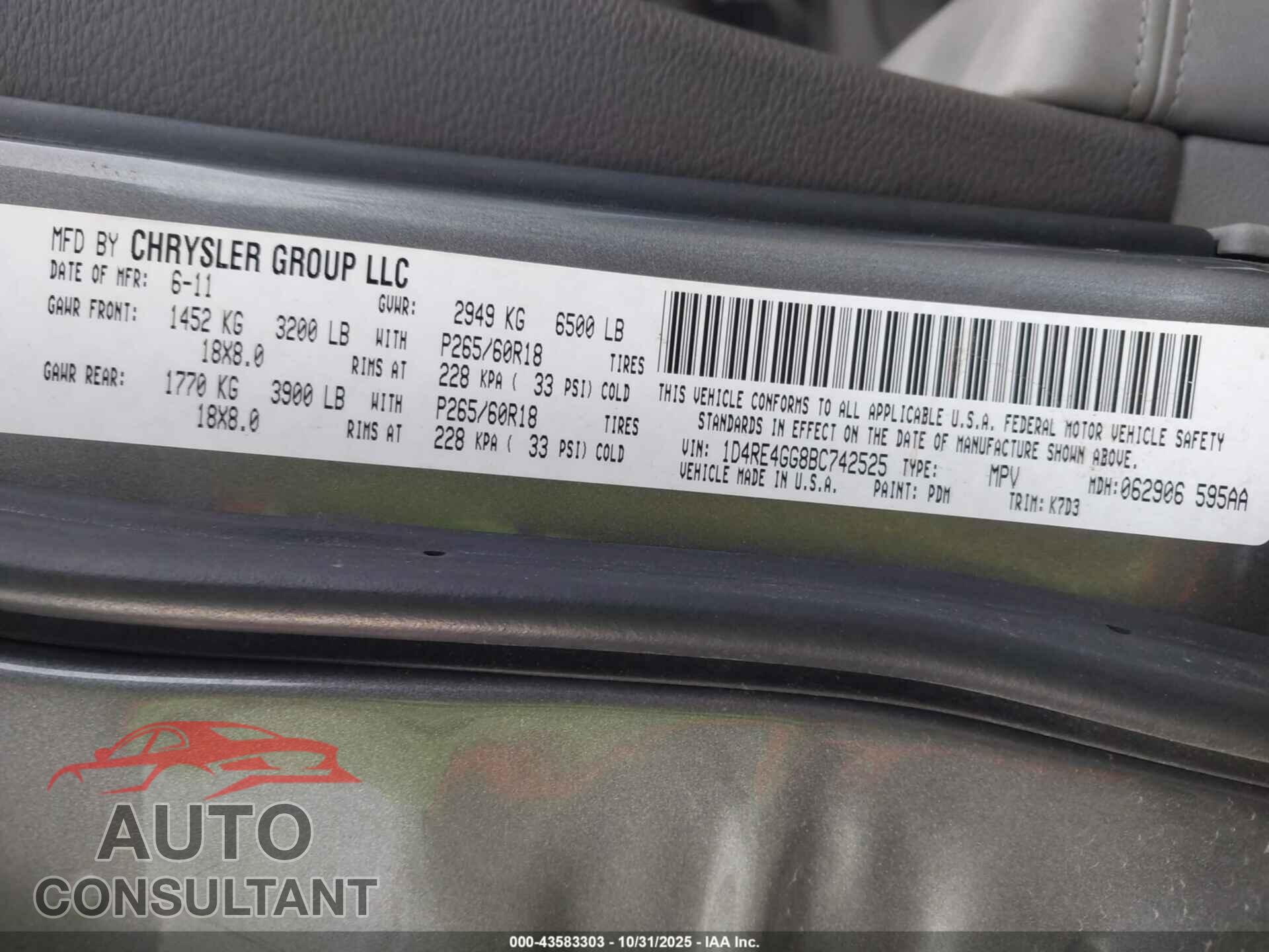 DODGE DURANGO 2011 - 1D4RE4GG8BC742525