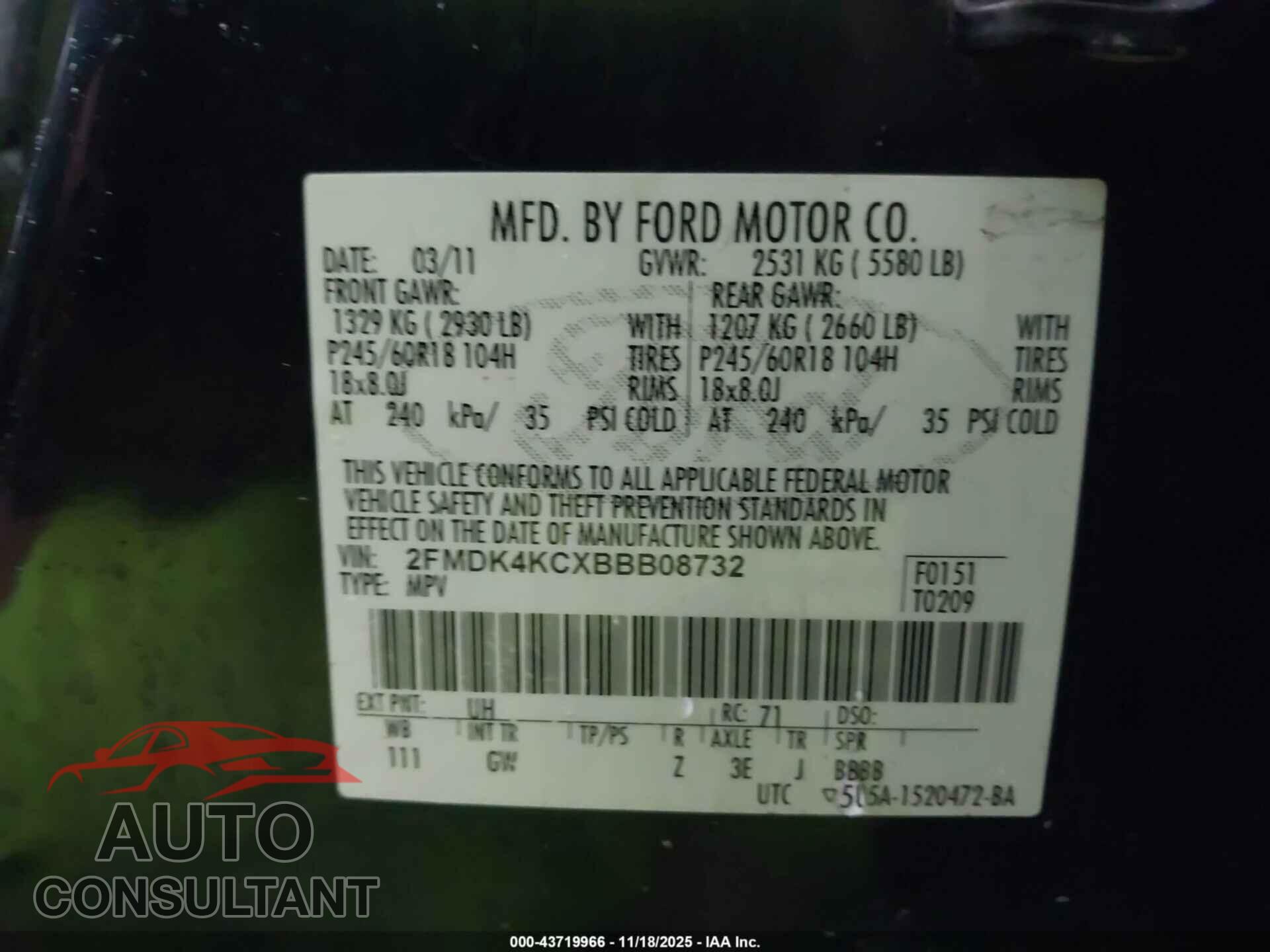 FORD EDGE 2011 - 2FMDK4KCXBBB08732