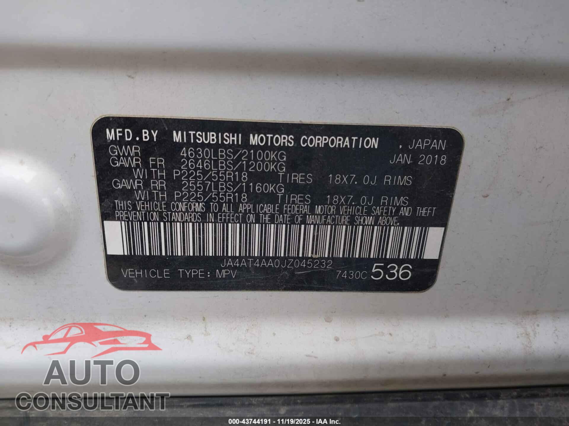 MITSUBISHI ECLIPSE CROSS 2018 - JA4AT4AA0JZ045232
