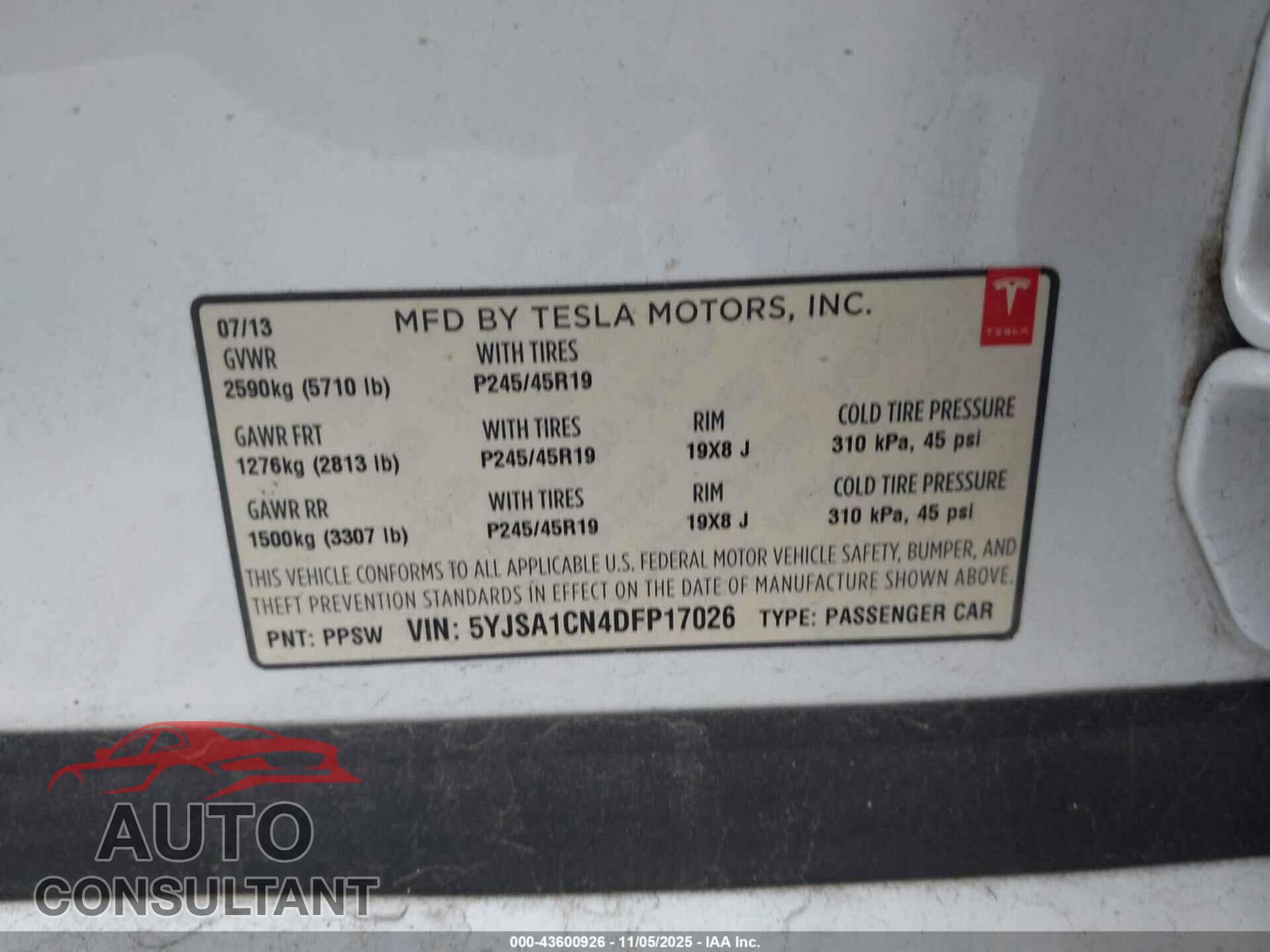 TESLA MODEL S 2013 - 5YJSA1CN4DFP17026