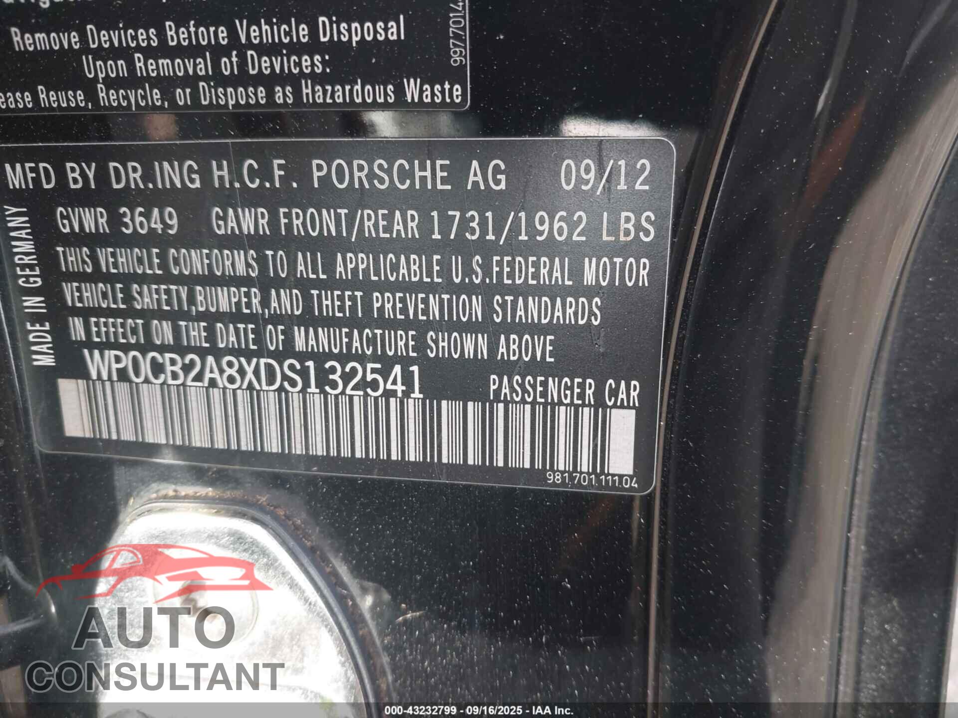 PORSCHE BOXSTER 2013 - WP0CB2A8XDS132541