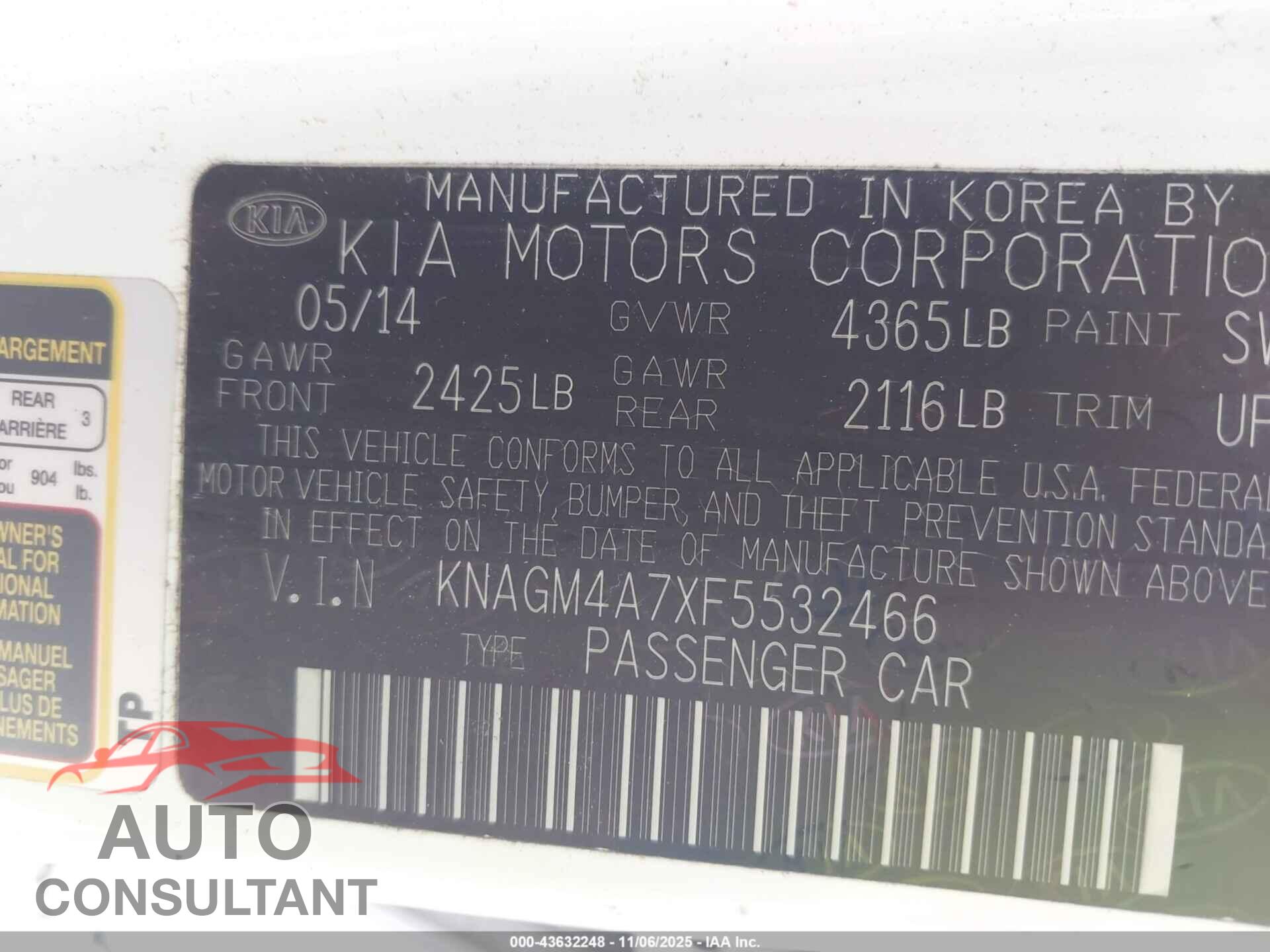 KIA OPTIMA 2015 - KNAGM4A7XF5532466