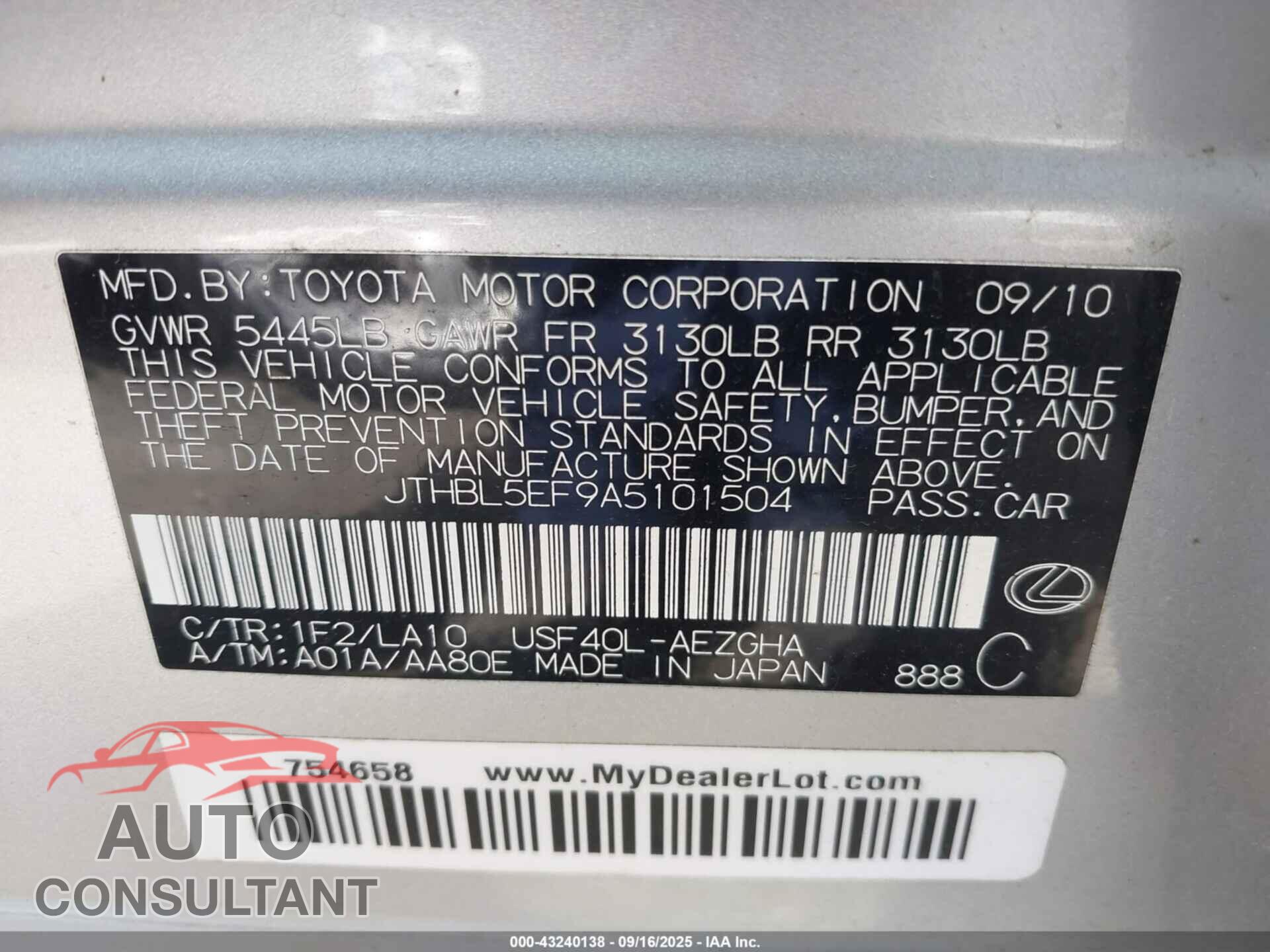 LEXUS LS 460 2010 - JTHBL5EF9A5101504