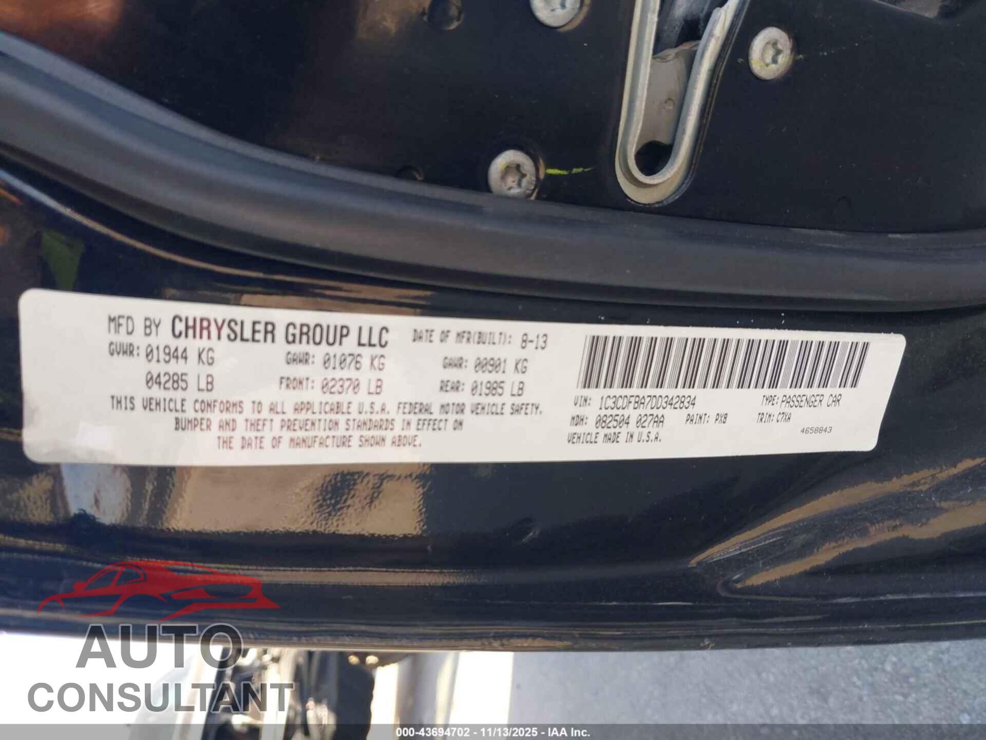 DODGE DART 2013 - 1C3CDFBA7DD342834
