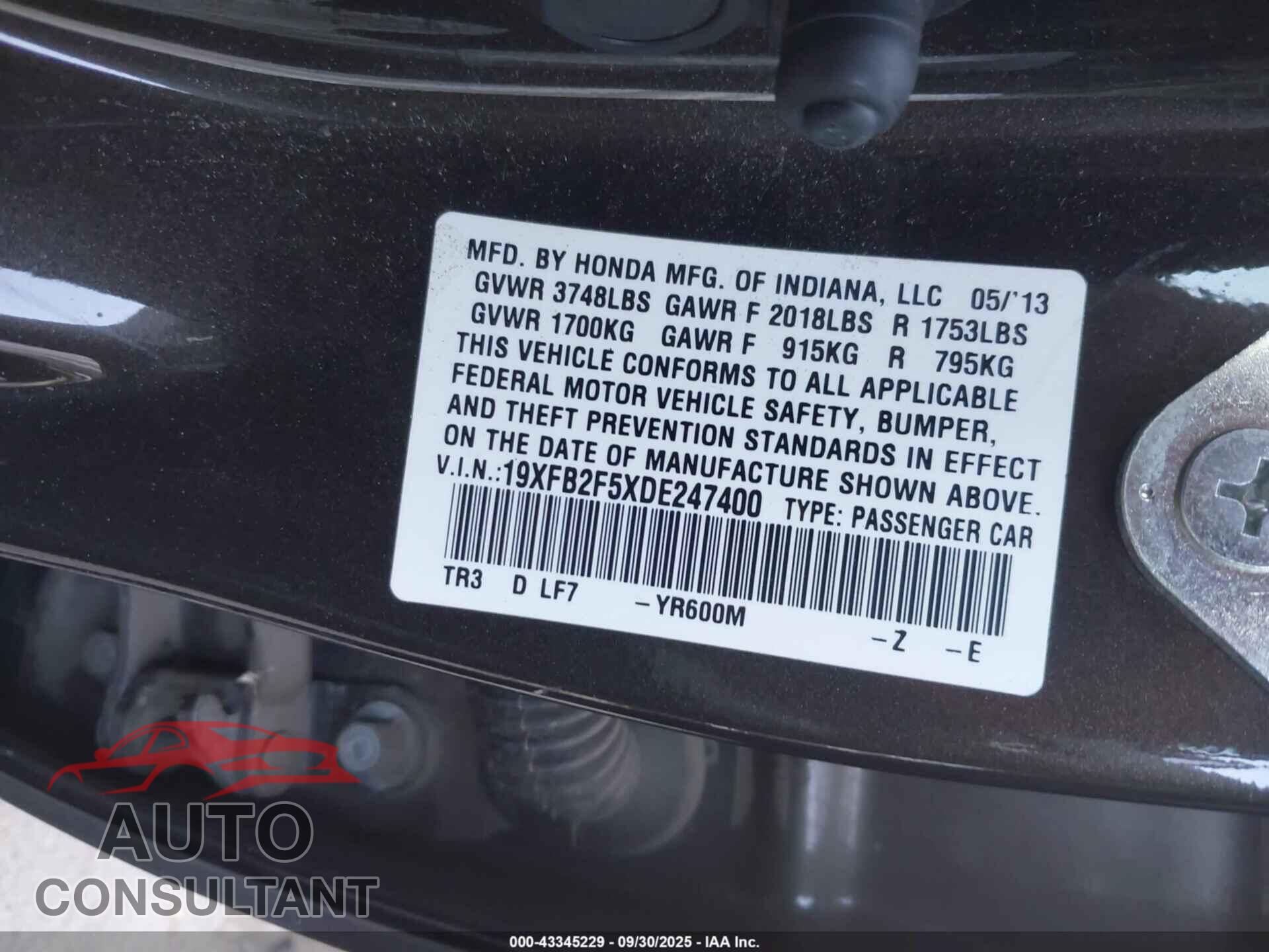 HONDA CIVIC 2013 - 19XFB2F5XDE247400