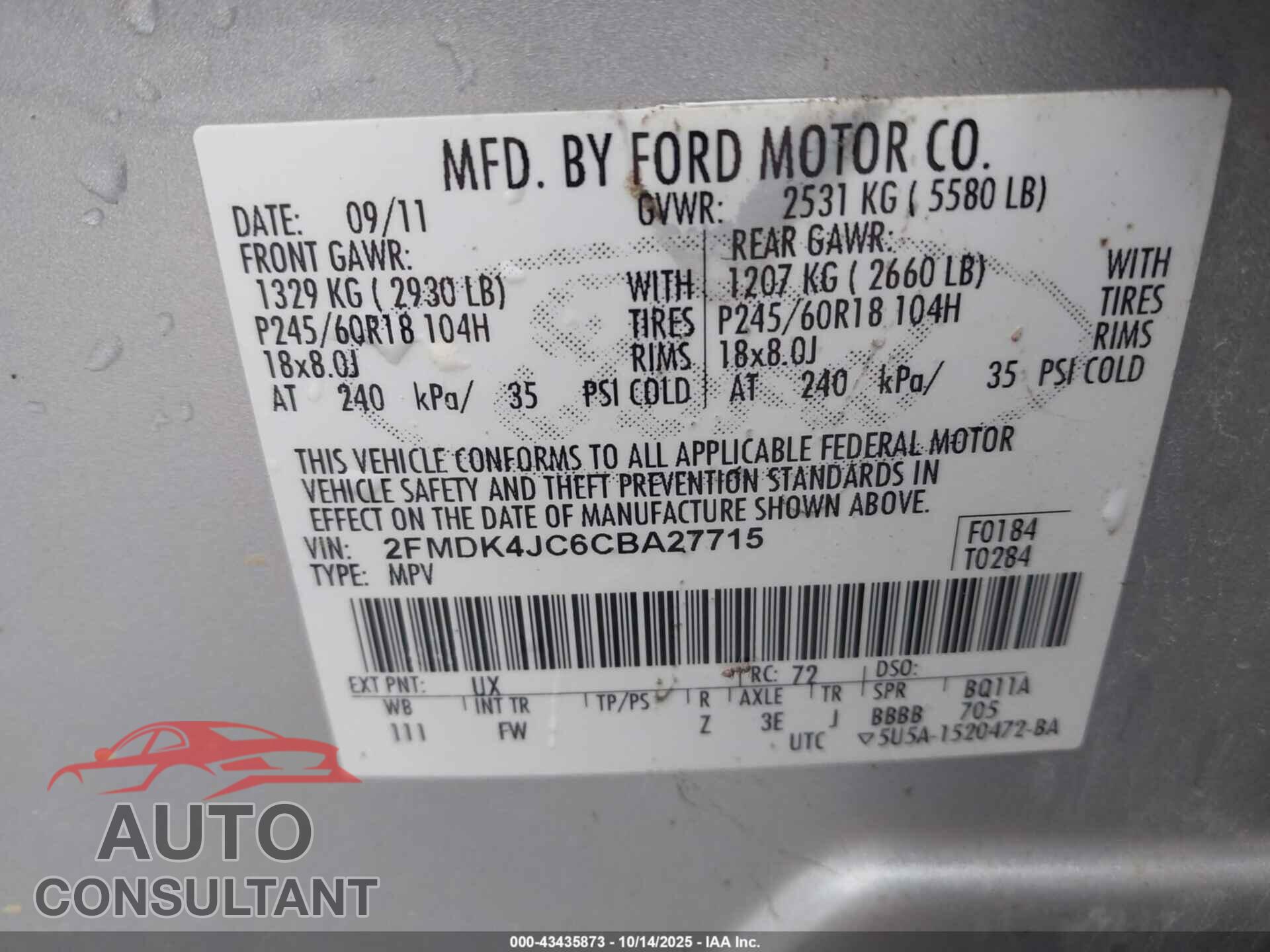 FORD EDGE 2012 - 2FMDK4JC6CBA27715