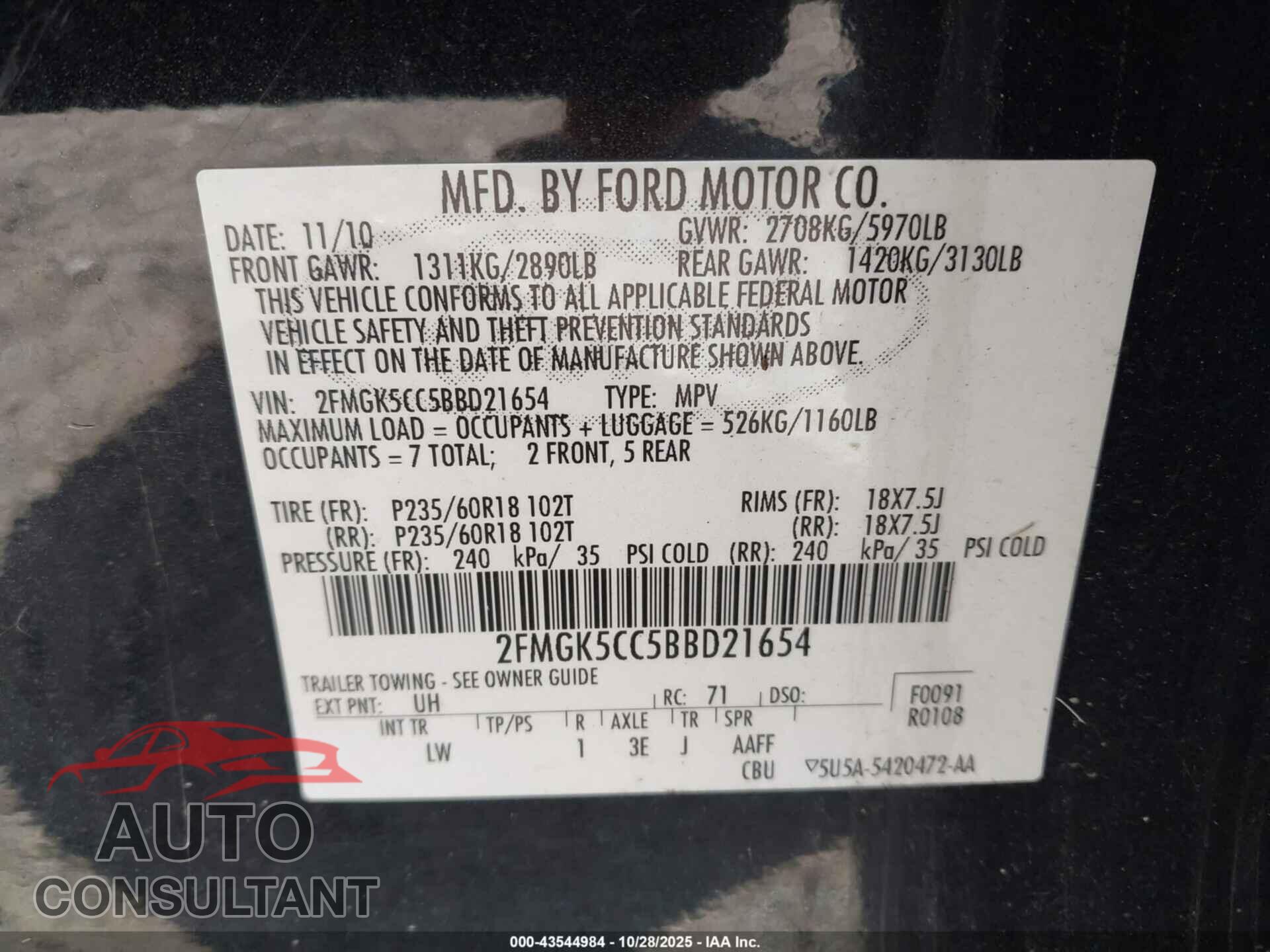 FORD FLEX 2011 - 2FMGK5CC5BBD21654