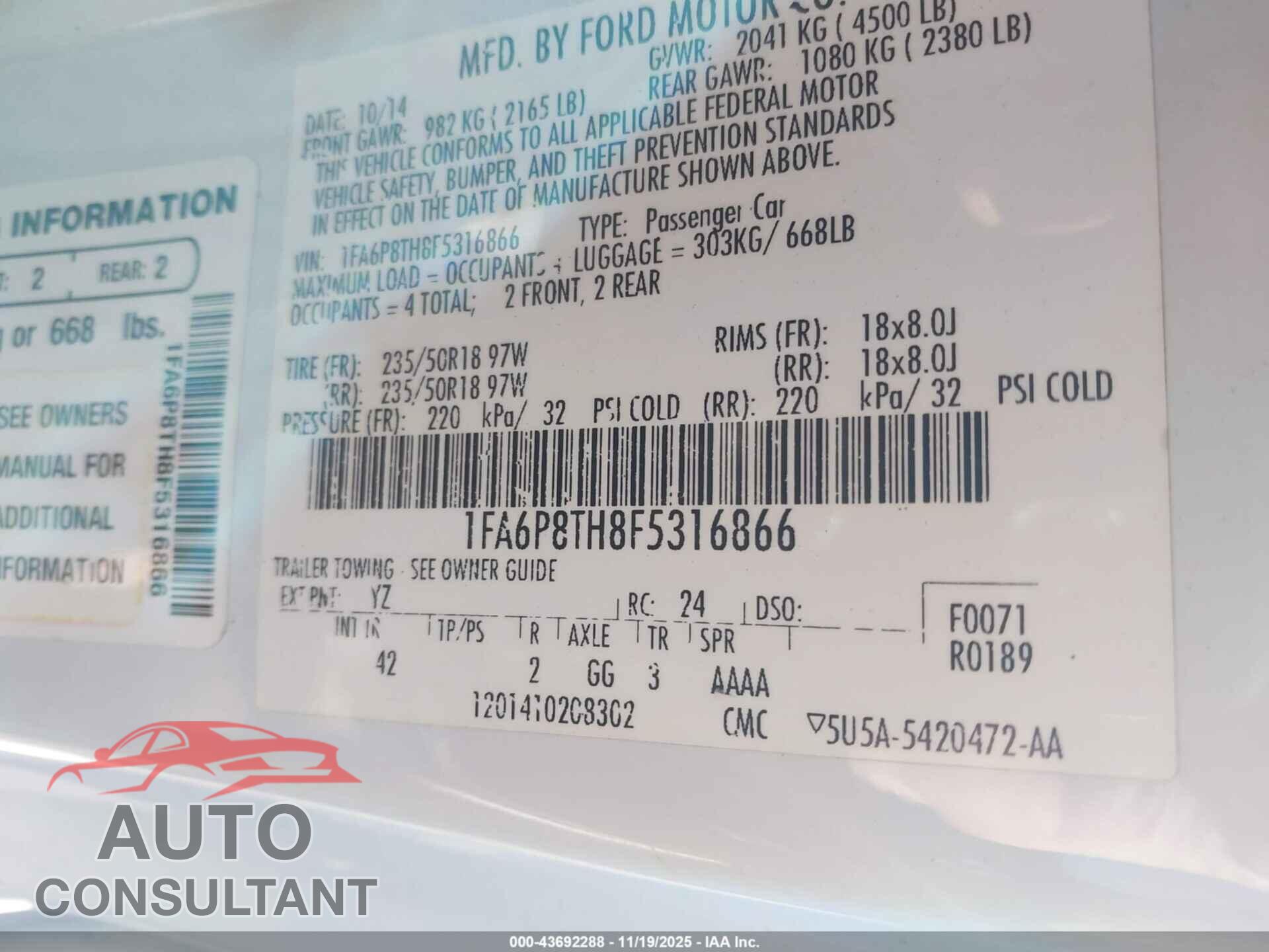FORD MUSTANG 2015 - 1FA6P8TH8F5316866