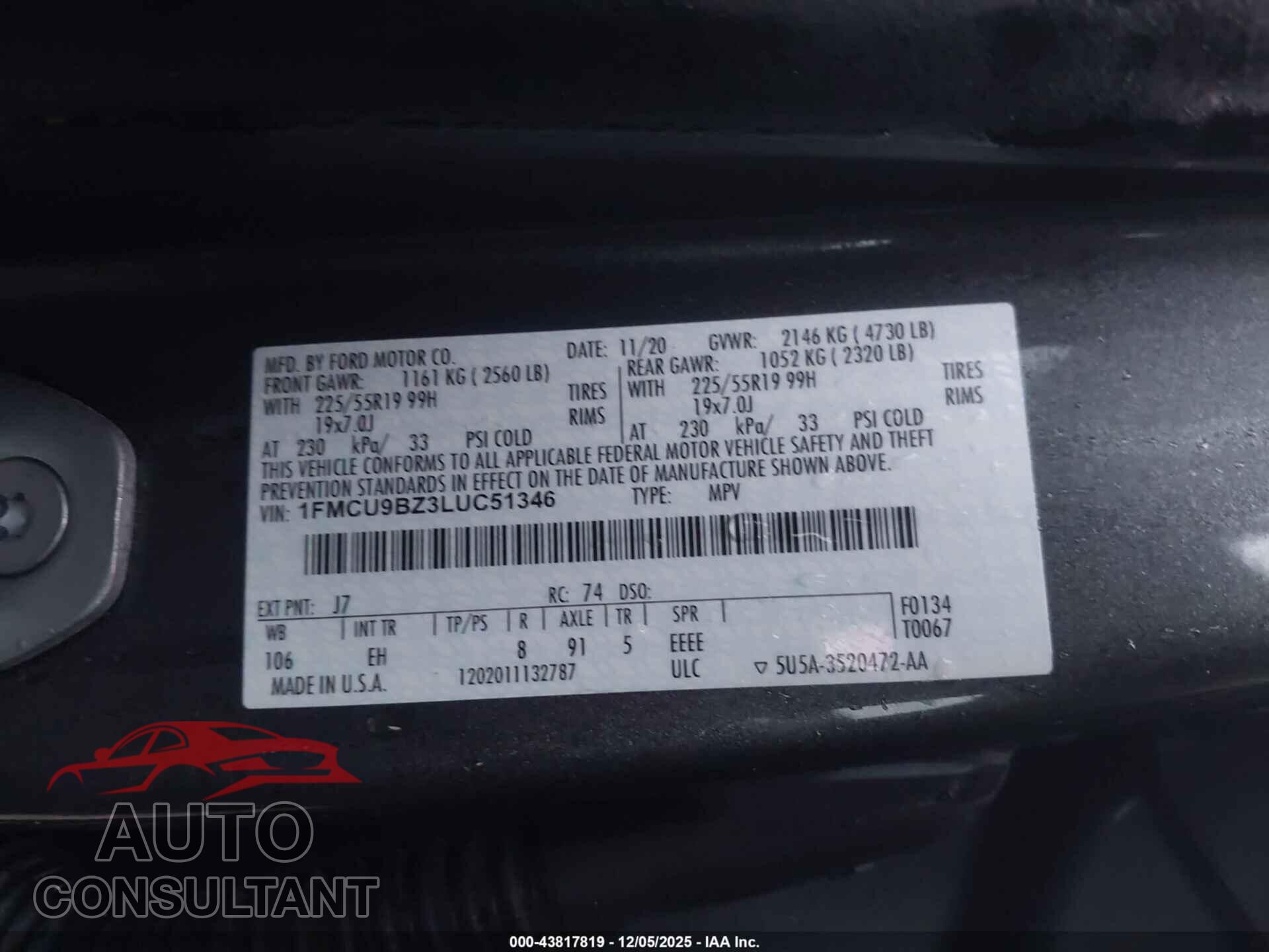 FORD ESCAPE 2020 - 1FMCU9BZ3LUC51346
