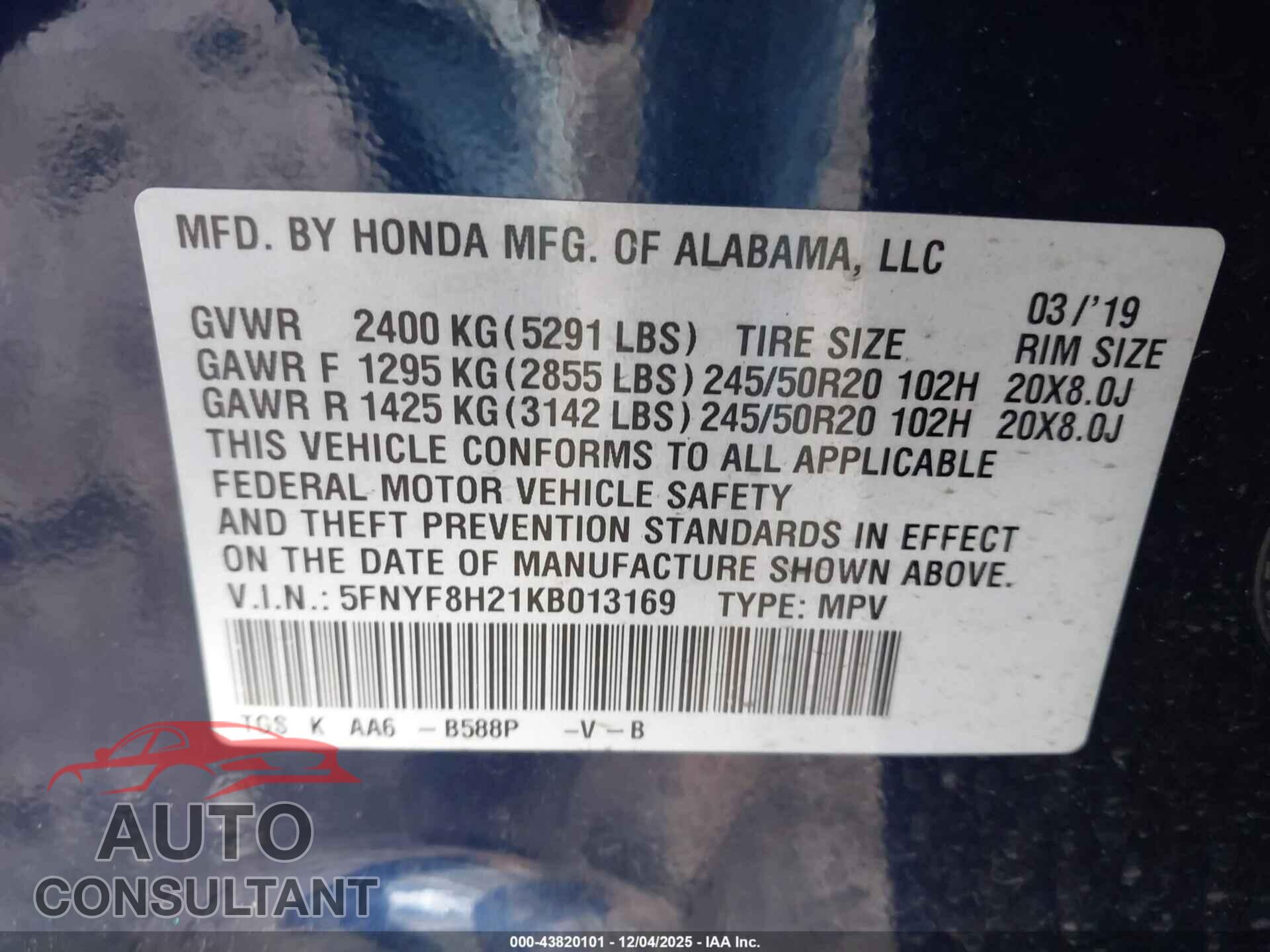 HONDA PASSPORT 2019 - 5FNYF8H21KB013169