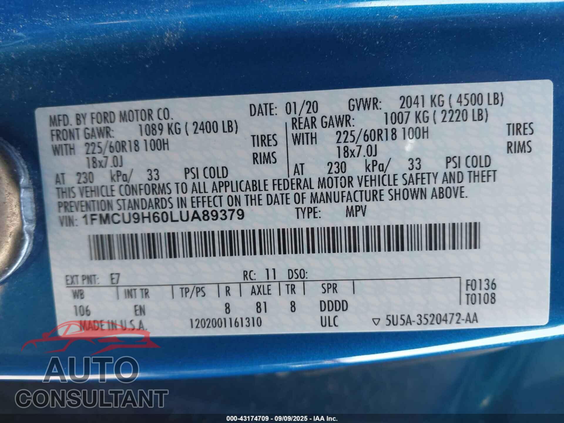 FORD ESCAPE 2020 - 1FMCU9H60LUA89379