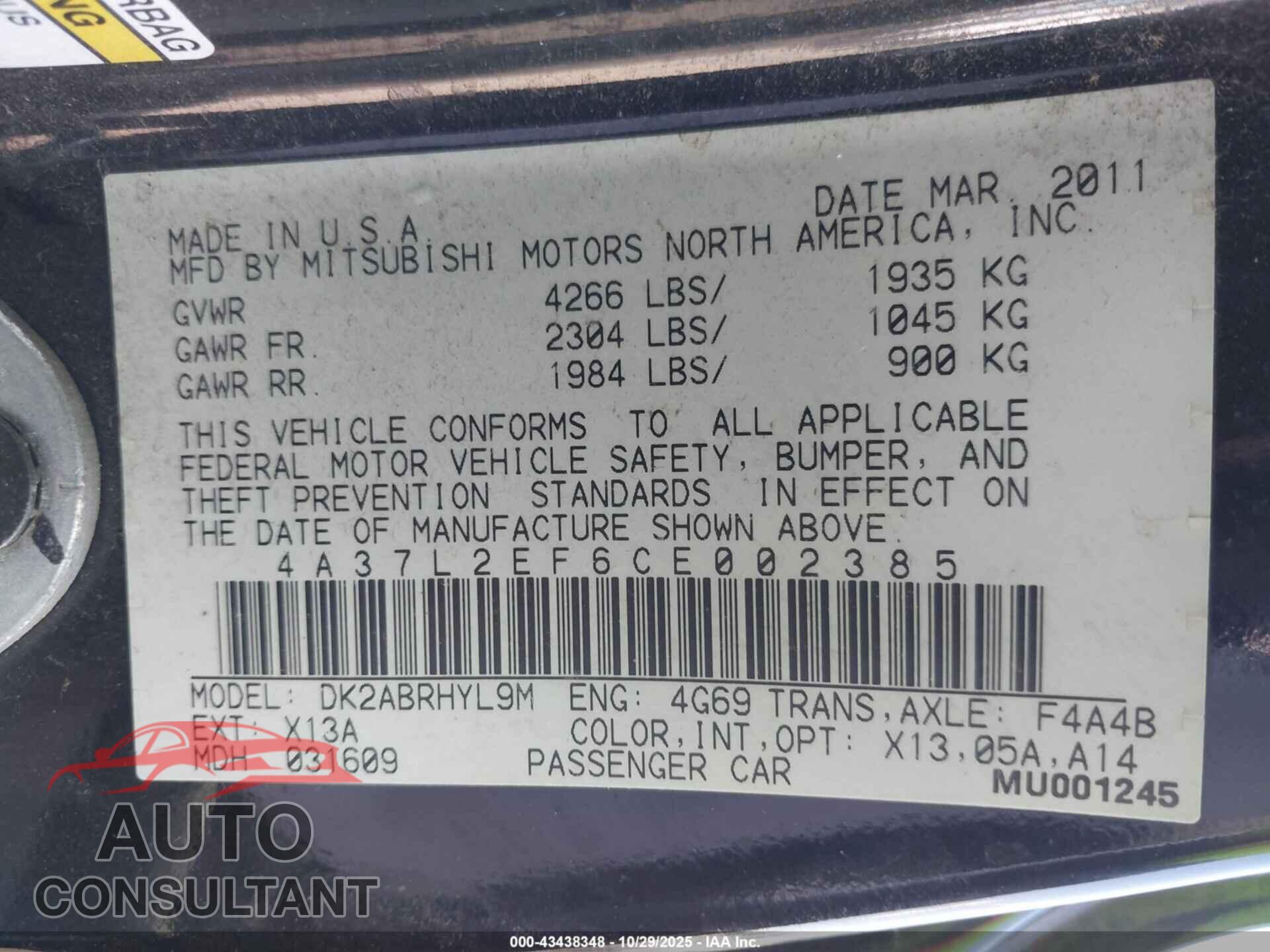 MITSUBISHI ECLIPSE SPYDER 2012 - 4A37L2EF6CE002385