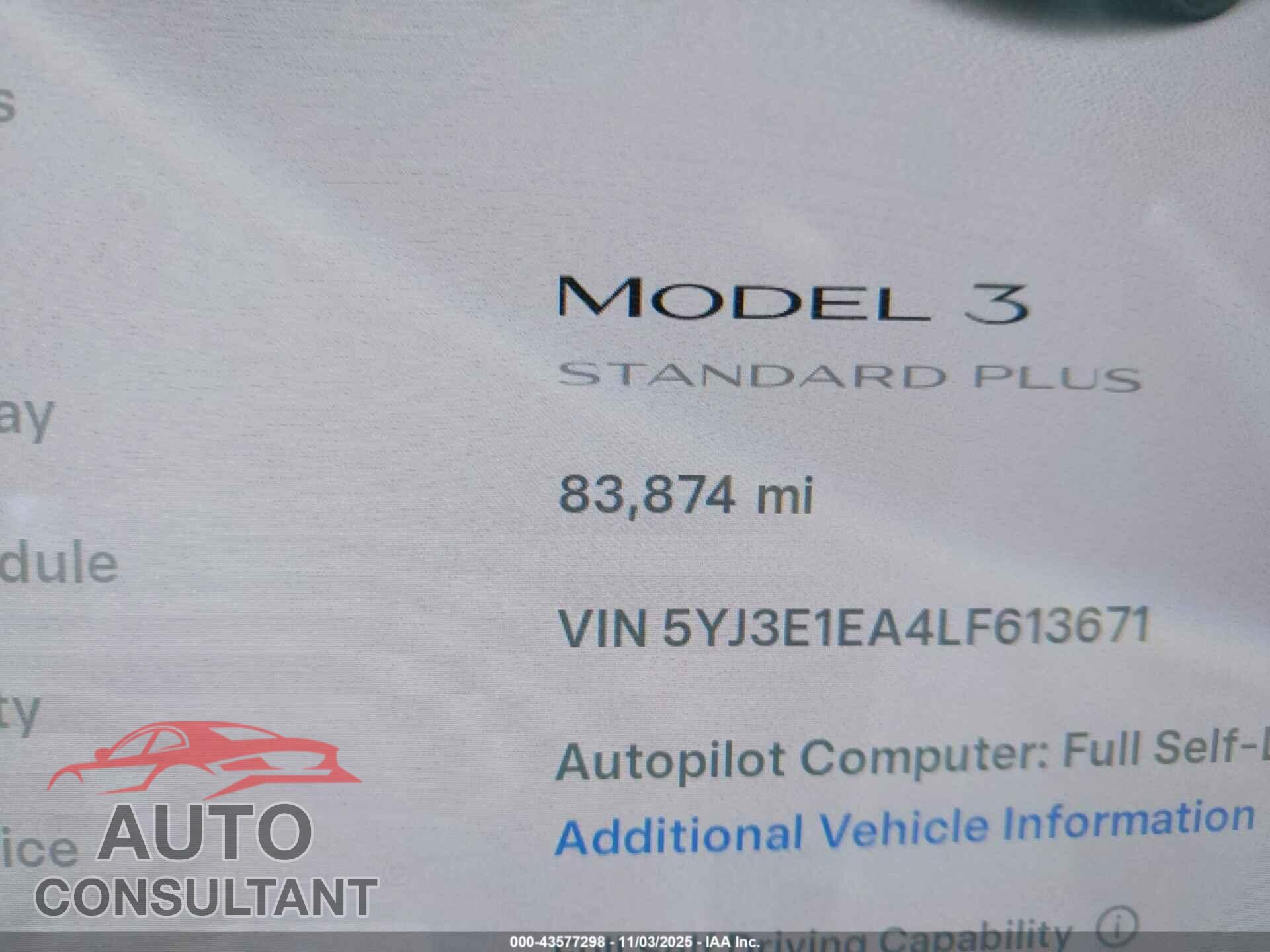 TESLA MODEL 3 2020 - 5YJ3E1EA4LF613671