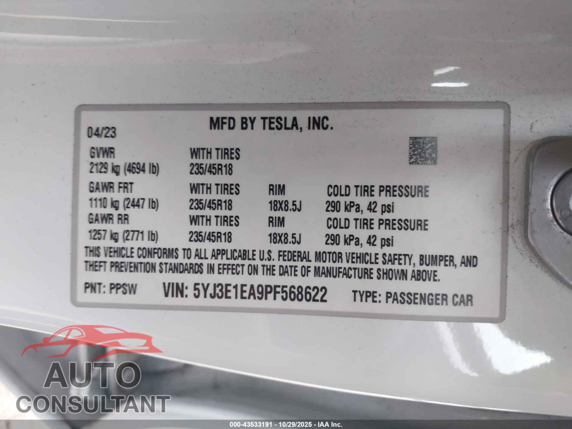TESLA MODEL 3 2023 - 5YJ3E1EA9PF568622