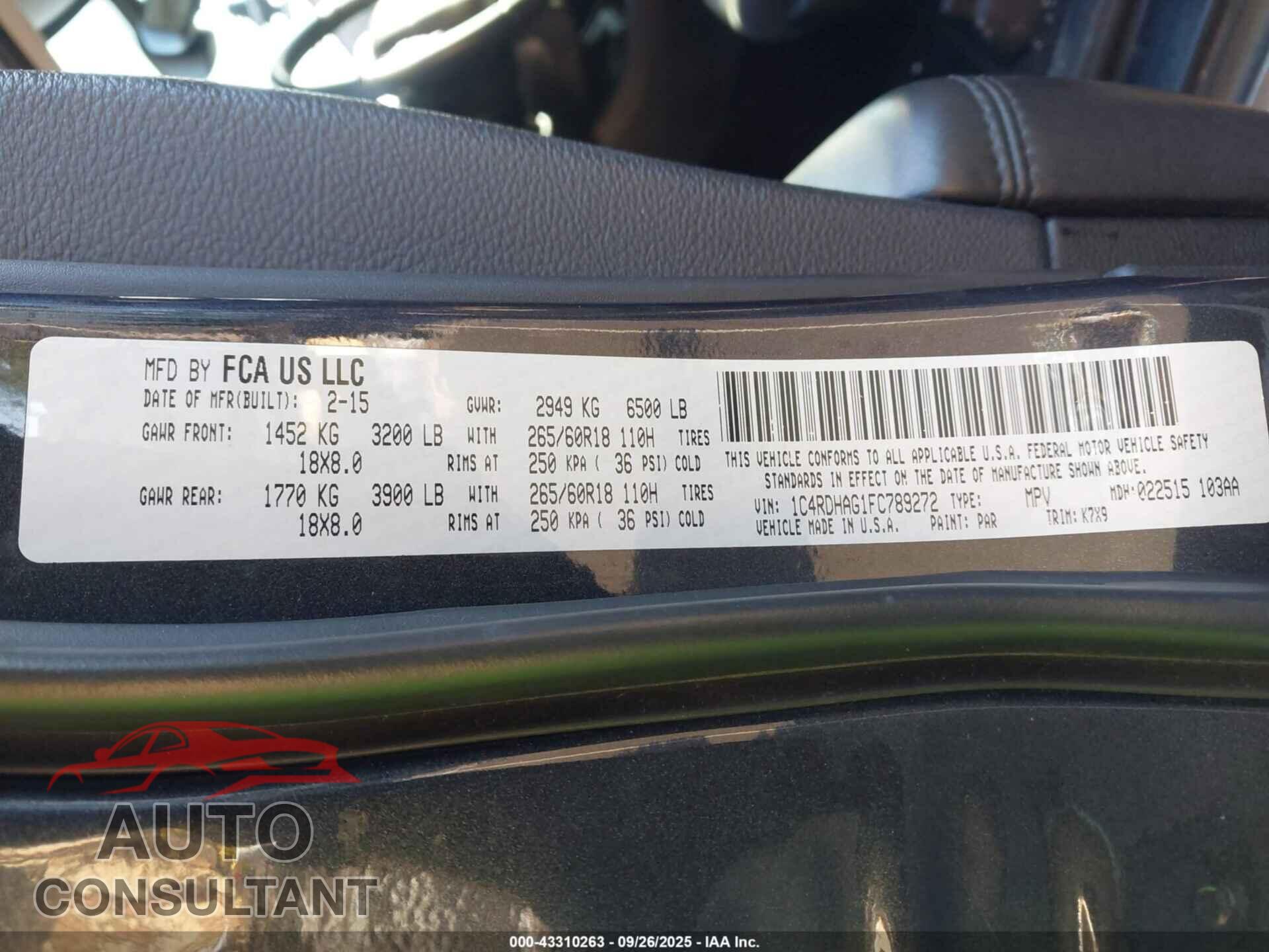 DODGE DURANGO 2015 - 1C4RDHAGIFC789272