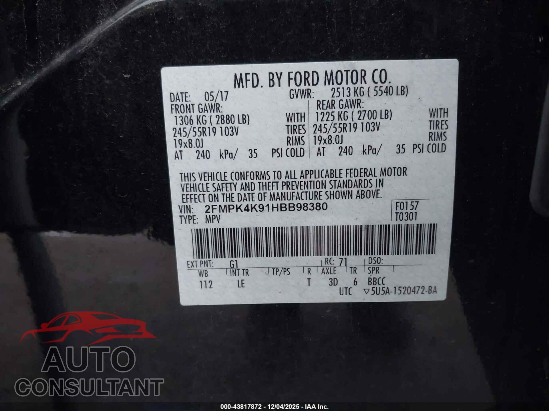 FORD EDGE 2017 - 2FMPK4K91HBB98380