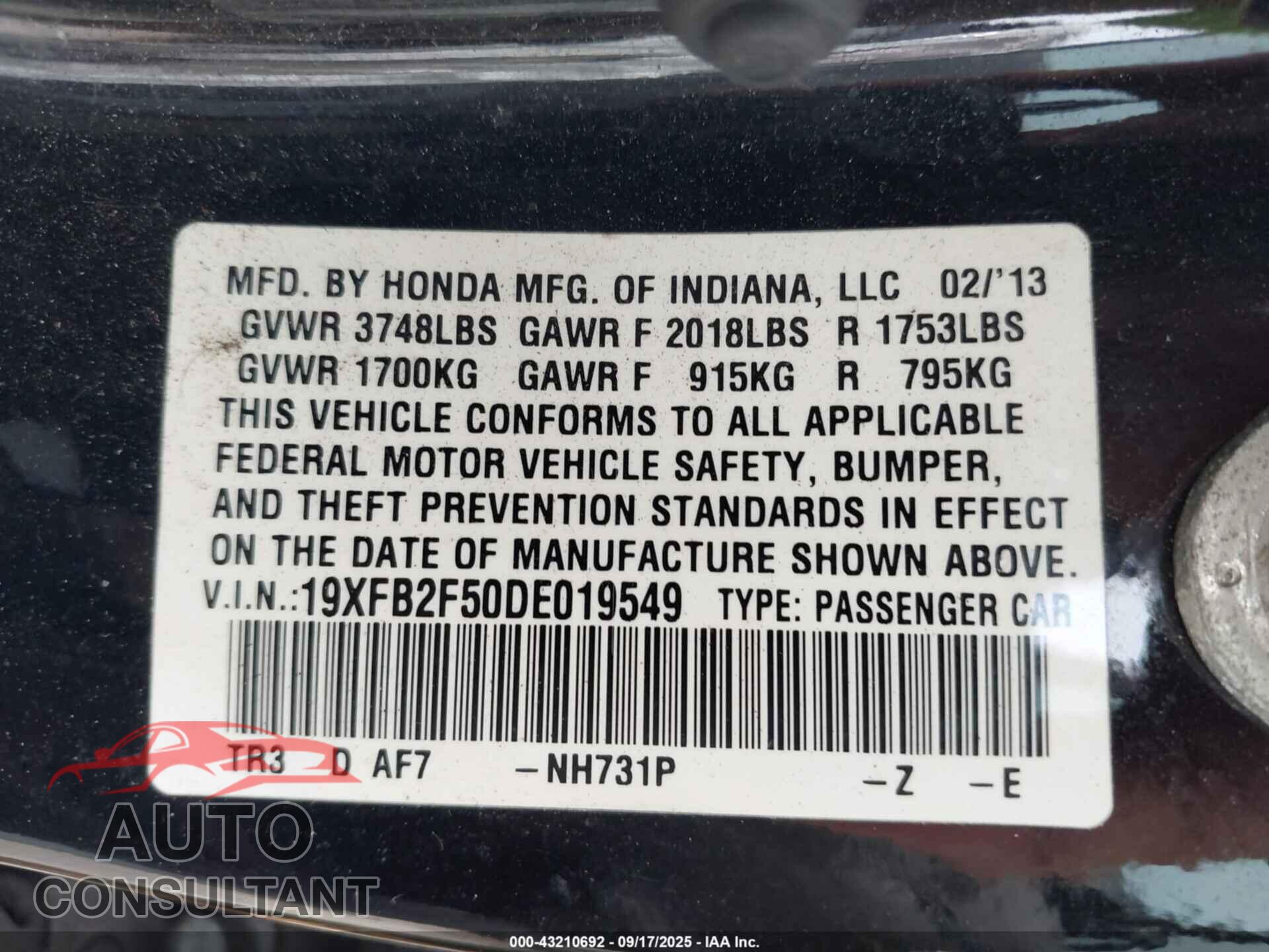 HONDA CIVIC 2013 - 19XFB2F50DE019549