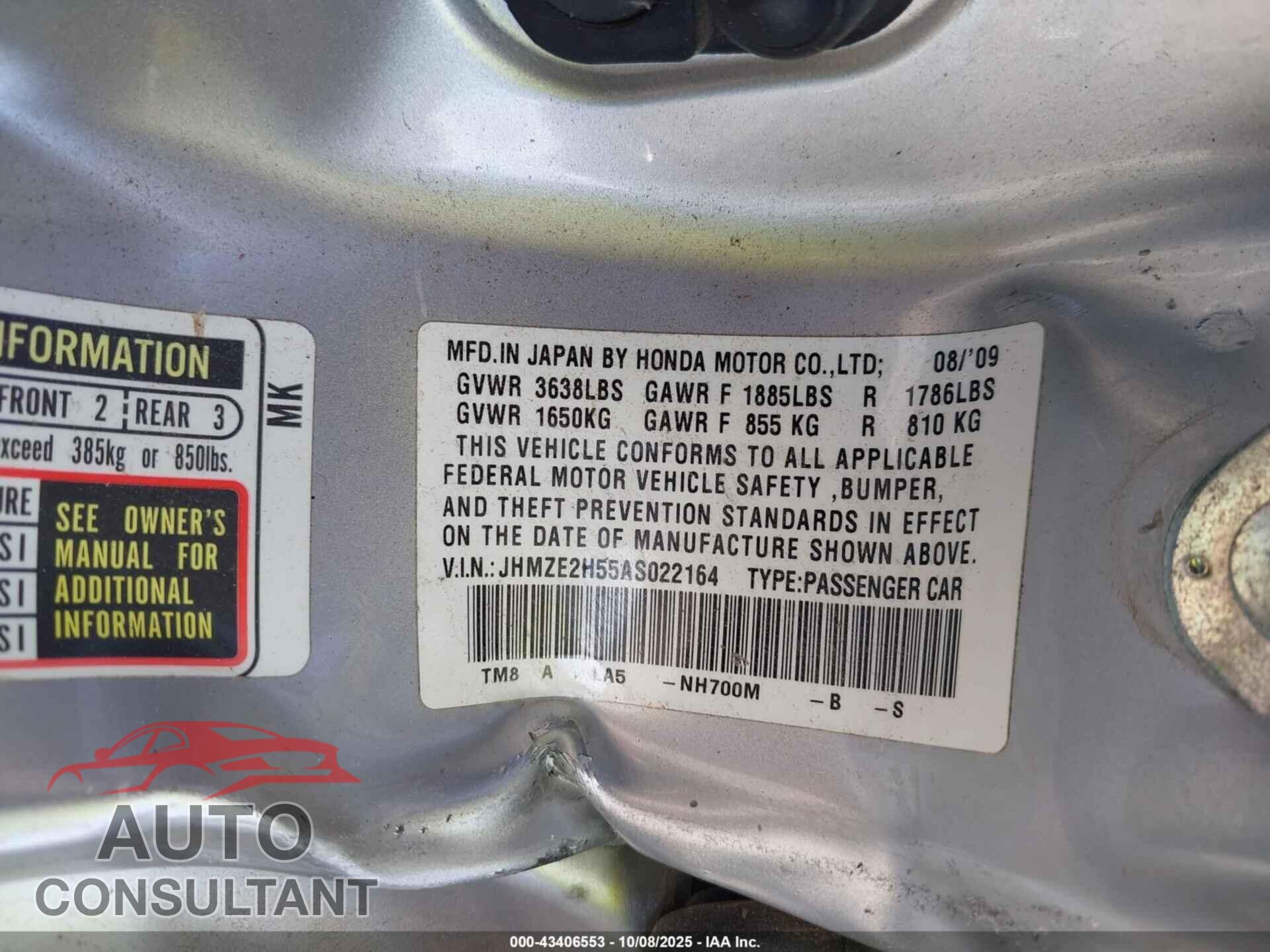 HONDA INSIGHT 2010 - JHMZE2H55AS022164