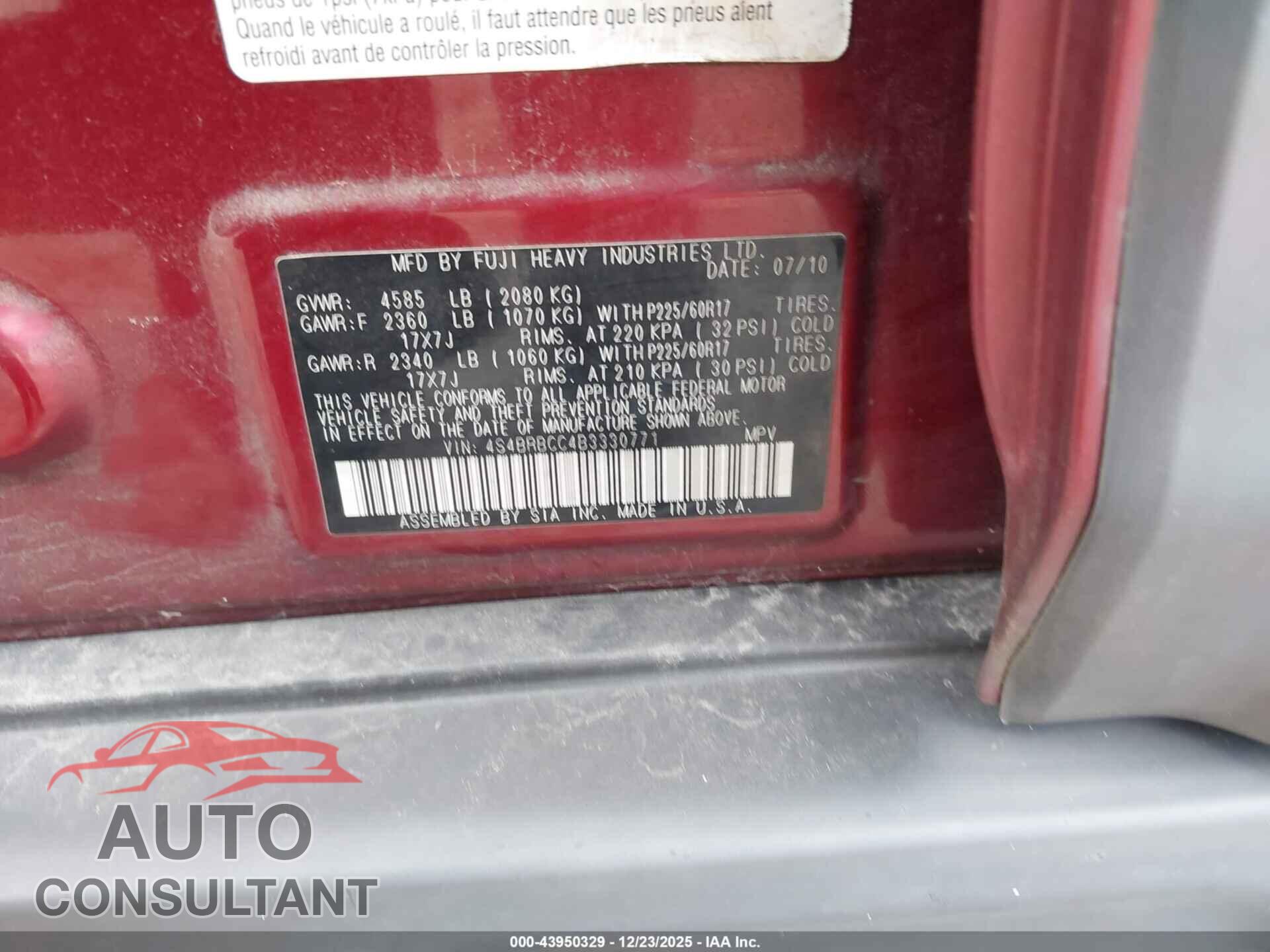 SUBARU OUTBACK 2011 - 4S4BRBCC4B3330771