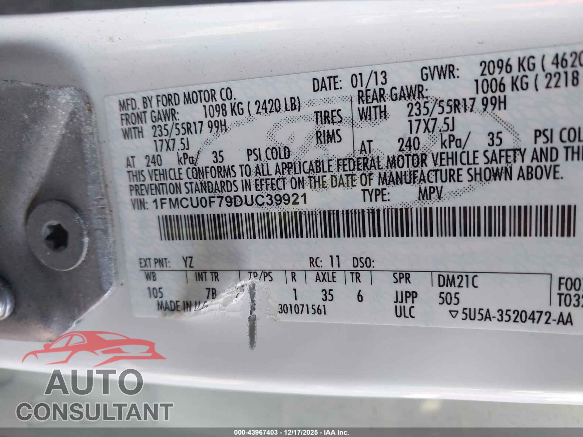 FORD ESCAPE 2013 - 1FMCU0F79DUC39921