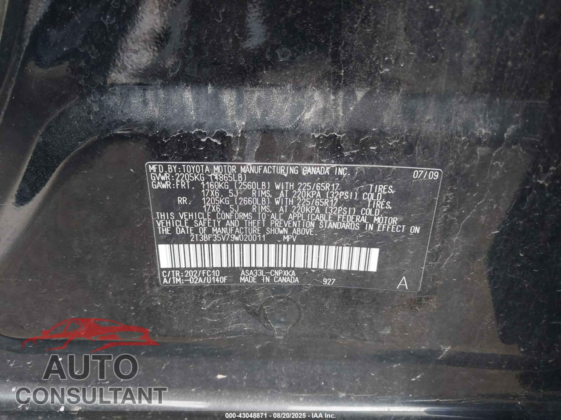 TOYOTA RAV4 2009 - 2T3BF35V79W020011