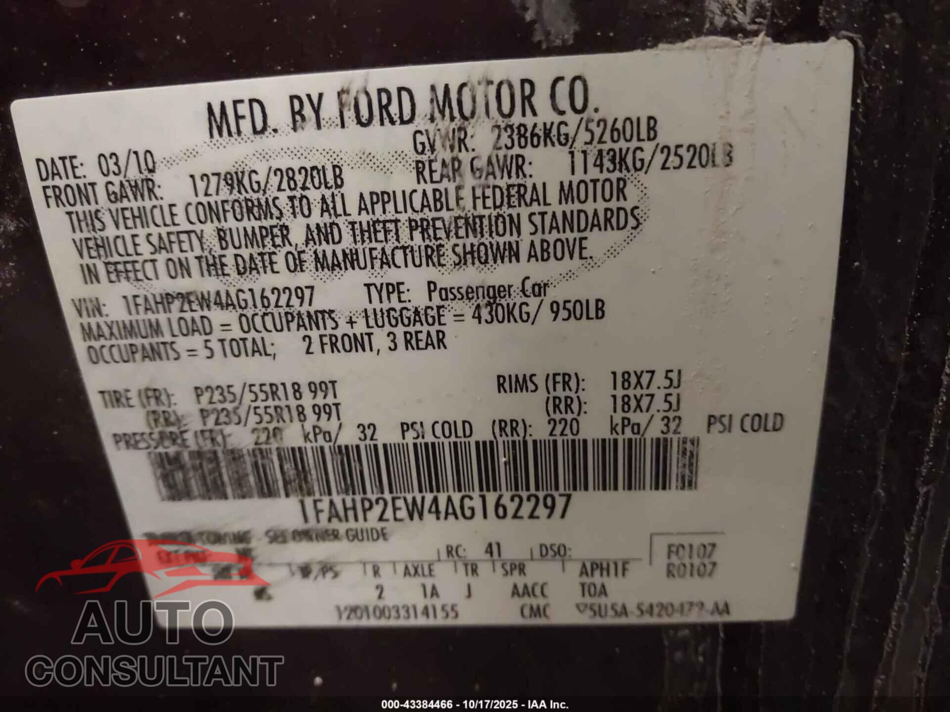 FORD TAURUS 2010 - 1FAHP2EW4AG162297