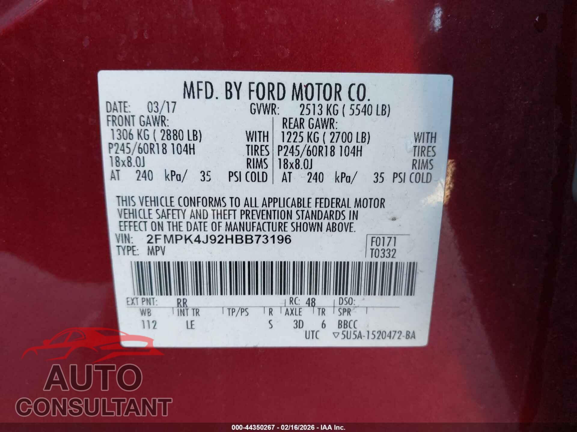 FORD EDGE 2017 - 2FMPK4J92HBB73196